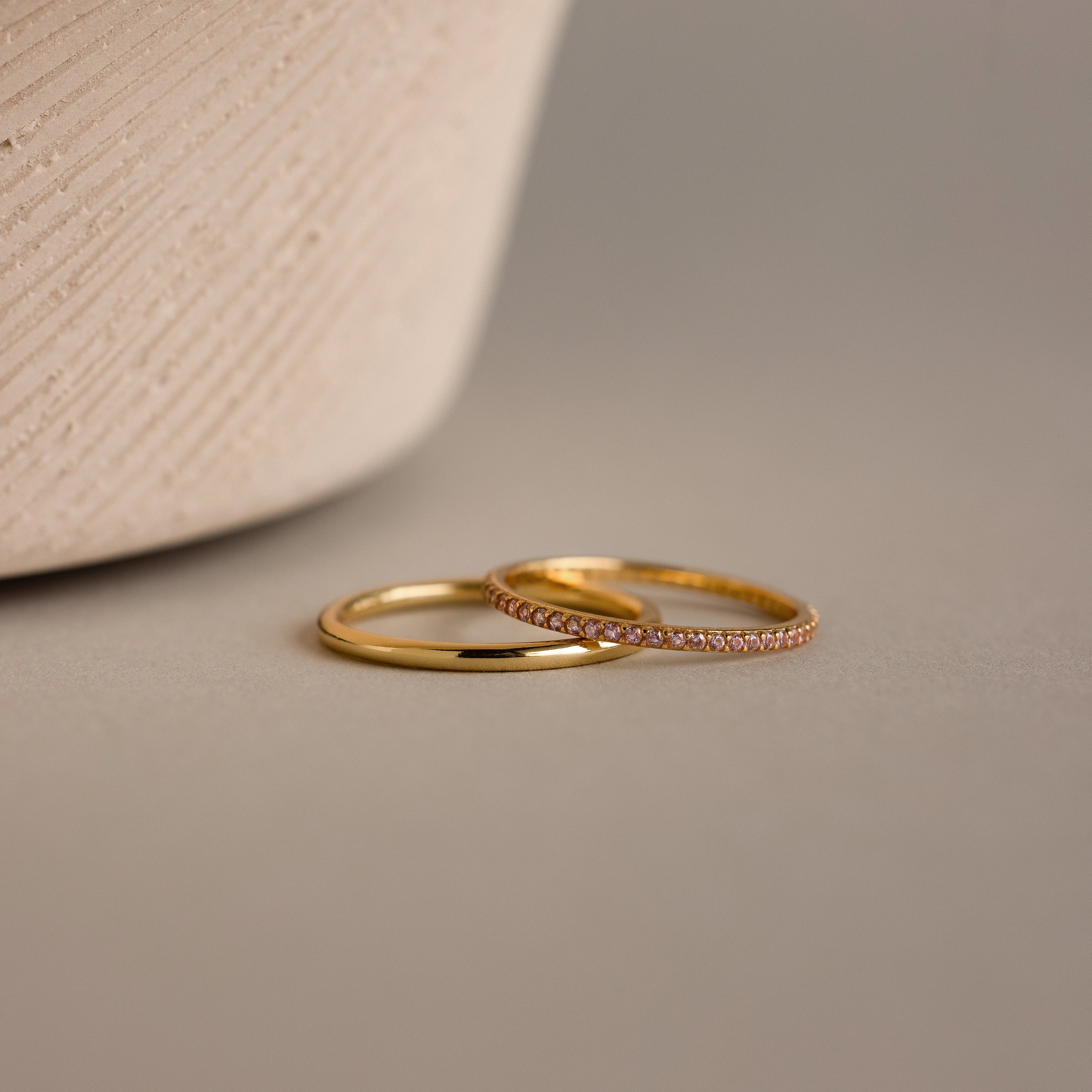 Pink Tourmaline Tennis Ring Set Silver 18K Gold Plated