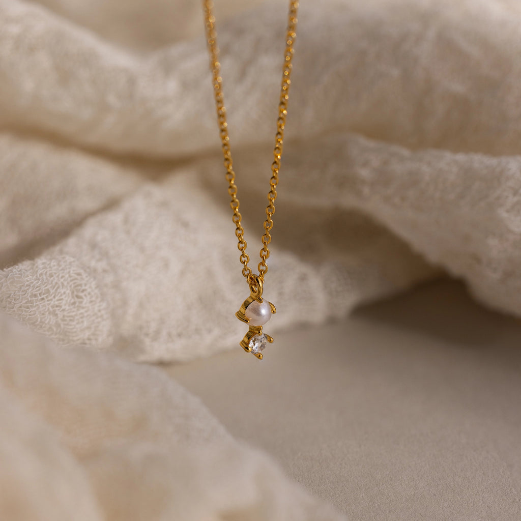 Diamond Pearl Drop Necklace Silver 18K Gold Plated