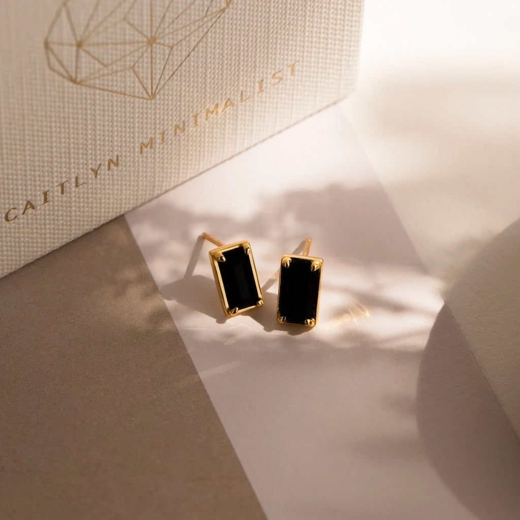 Rectangle Black Onyx Studs Silver 18K Gold Plated