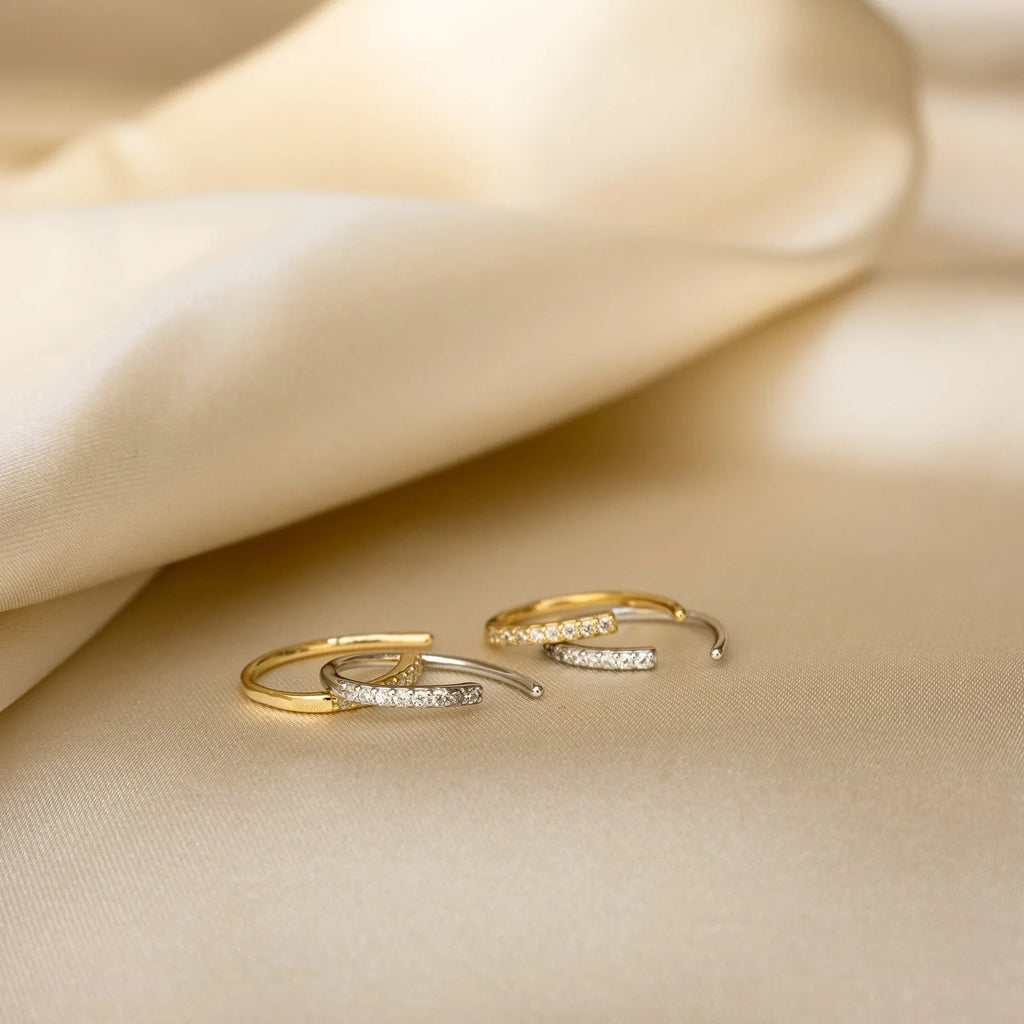 Diamond Pave Wire Hoops Silver 18K Gold Plated