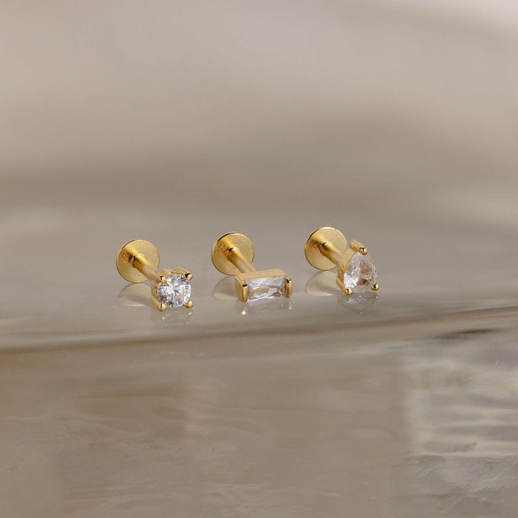 Mixed Diamond Flat Back Stud Set  Silver 18K Gold Plated