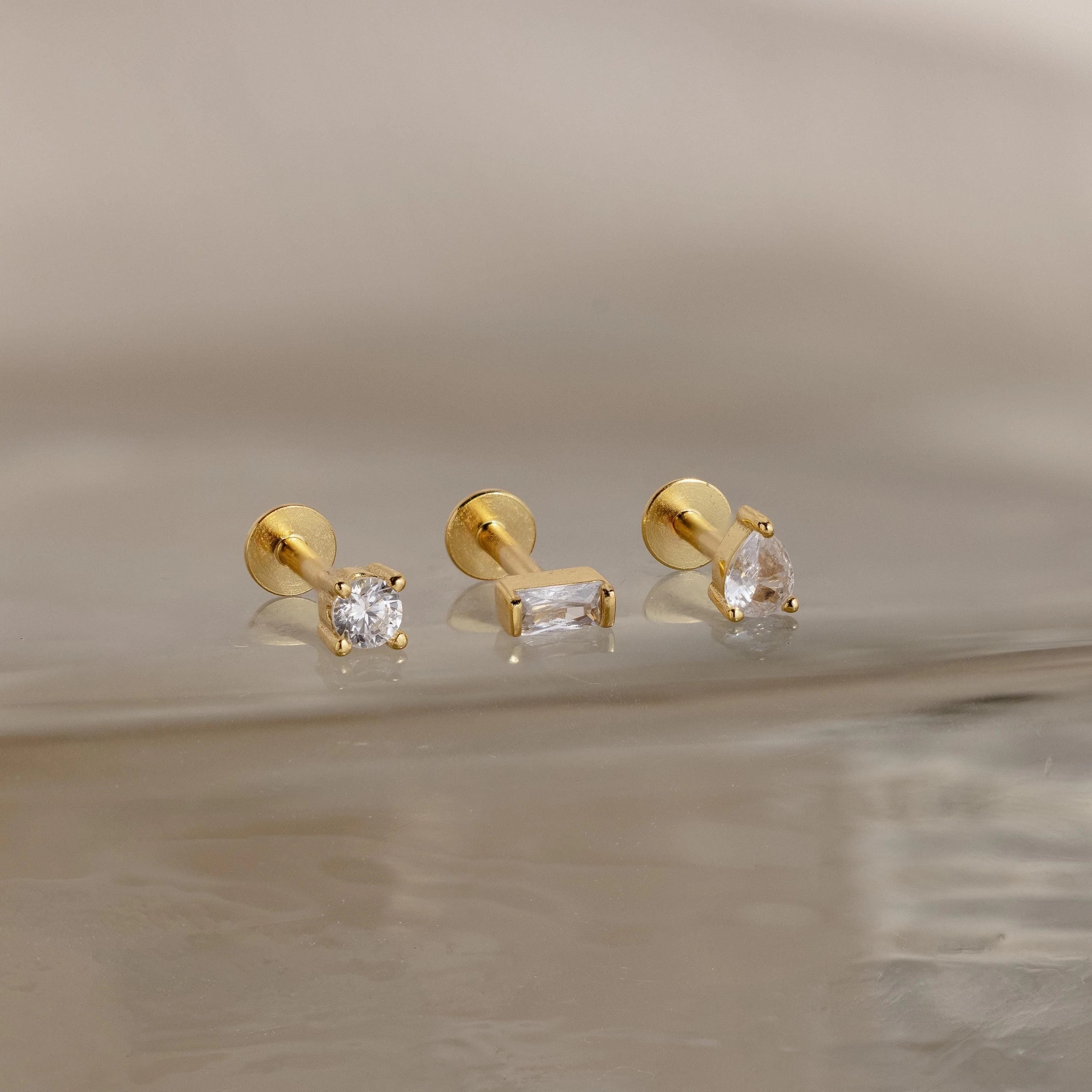 Mixed Diamond Flat Back Stud Set  Silver 18K Gold Plated