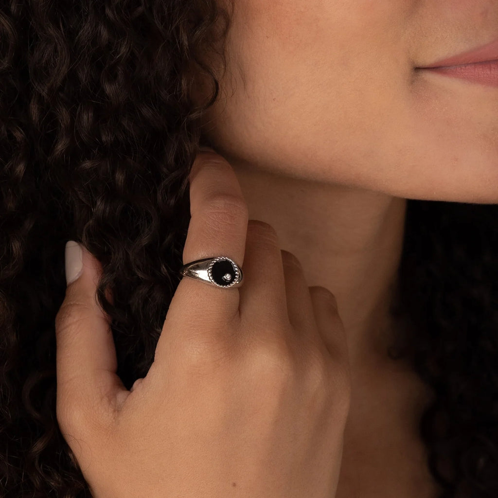 Black Enamel Signet Ring Silver 18K Gold Plated