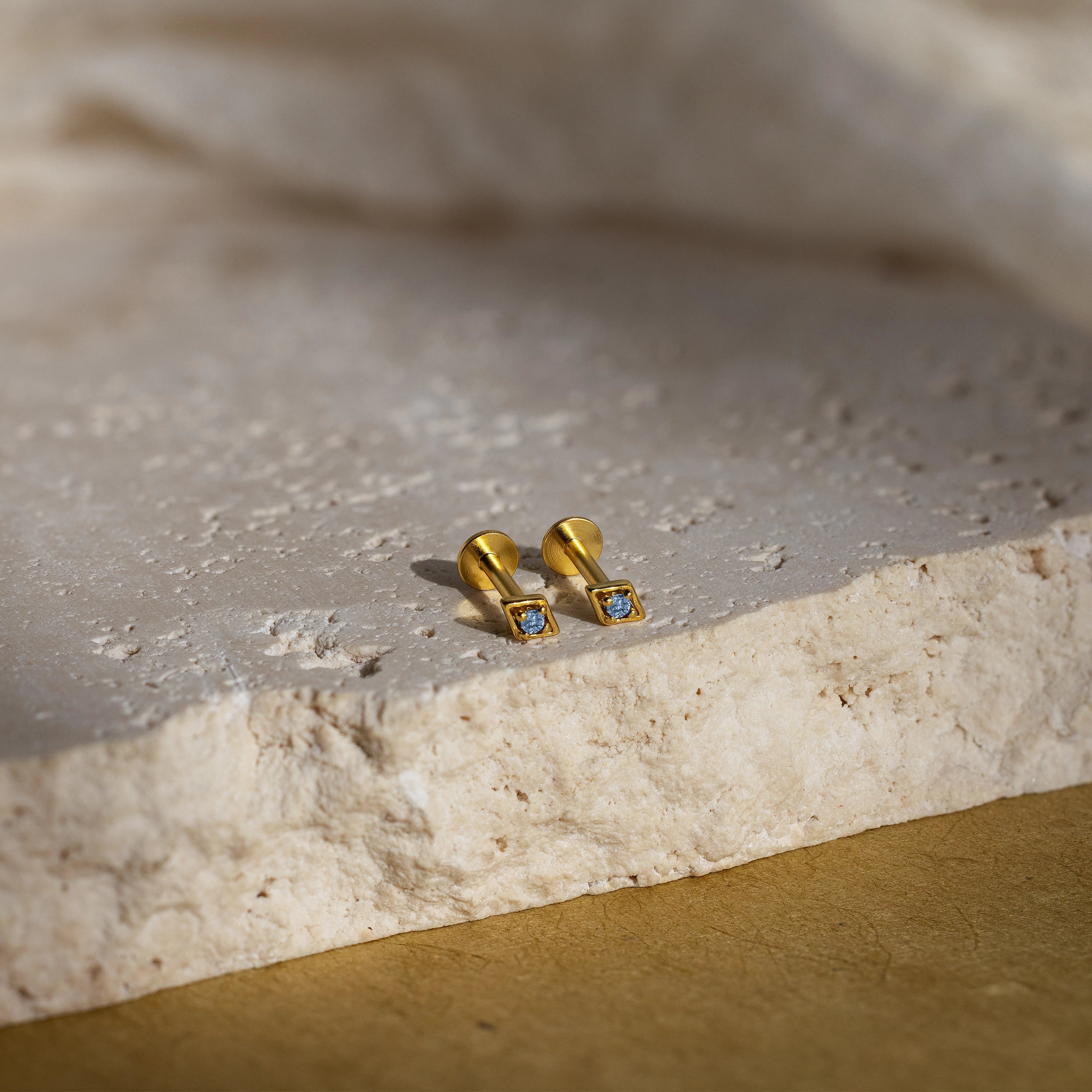 Geometric Blue Zircon Flat Back Studs Silver 18K Gold Plated