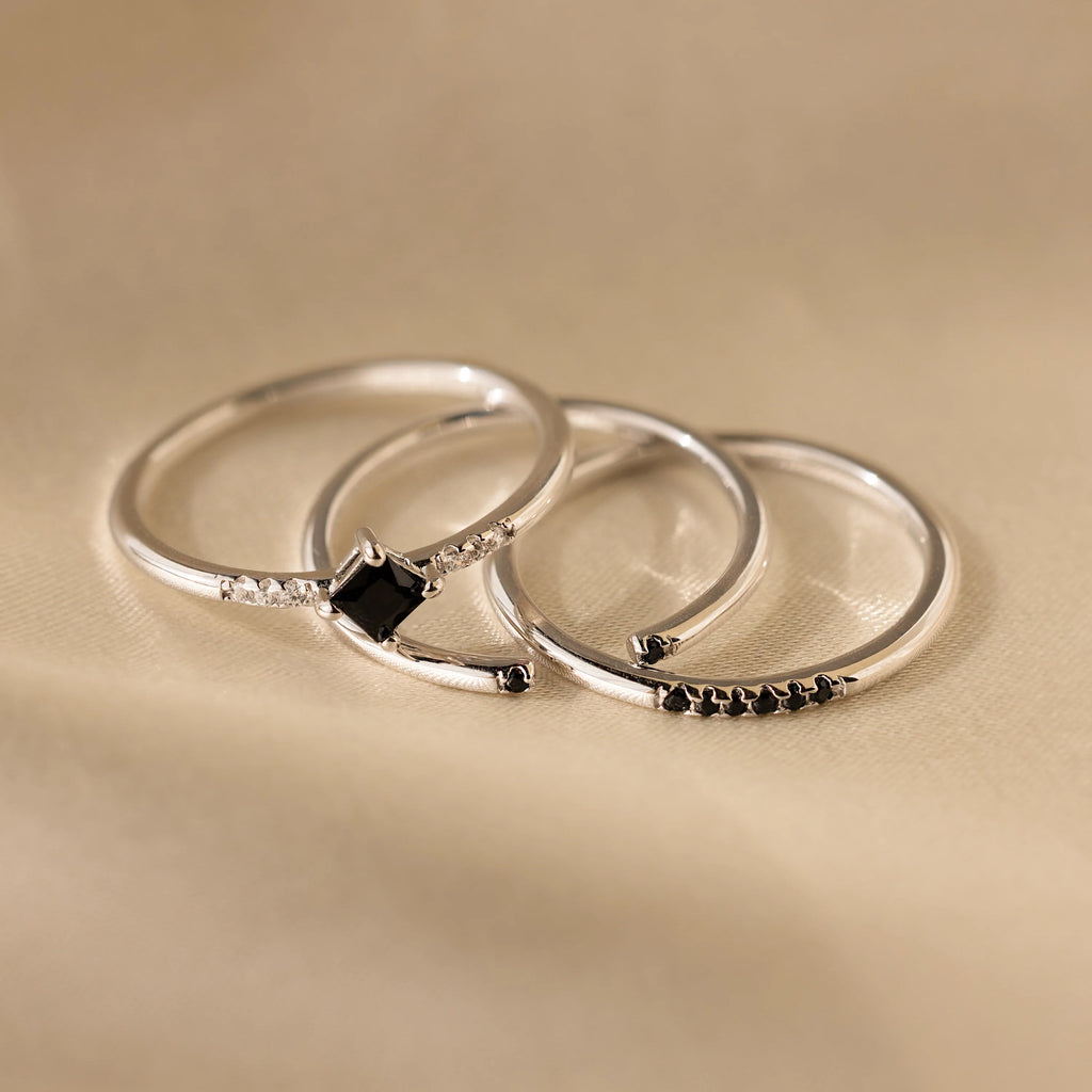 Diamond Onyx Ring Set Silver 18K Gold Plated