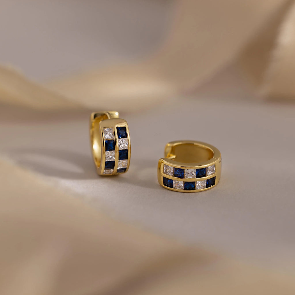 Royal Blue Checkered Huggies Silver 18K Gold Plated