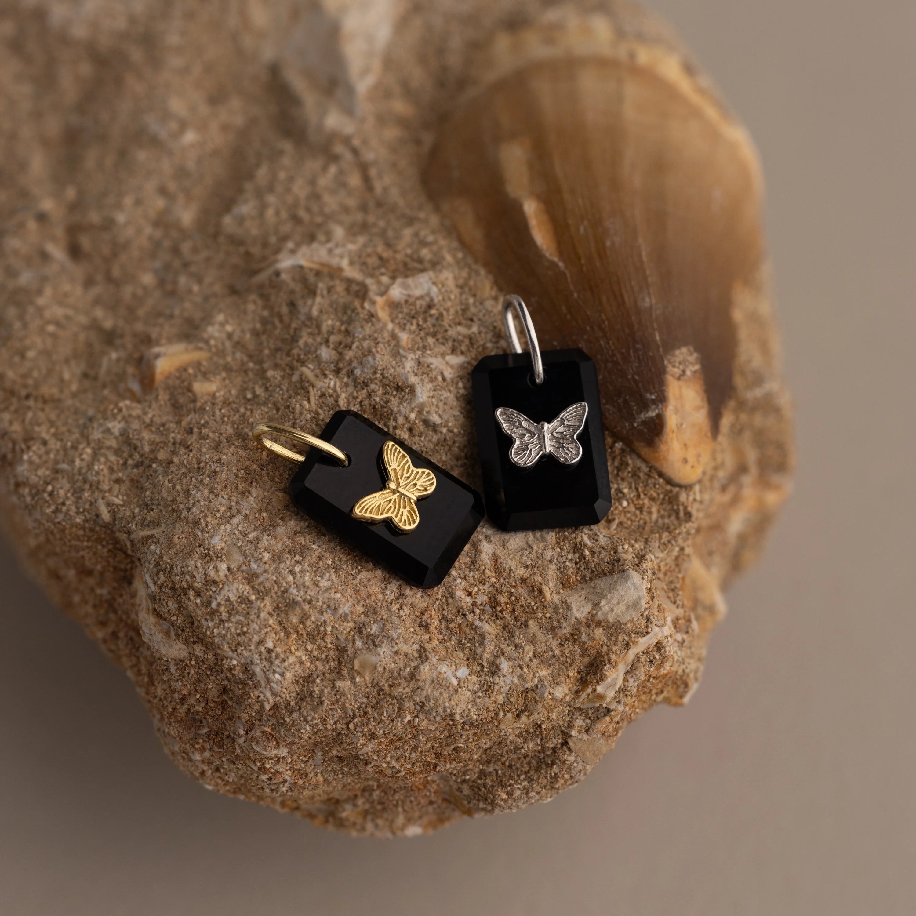 Onyx Butterfly Charm  Silver 18K Gold Plated