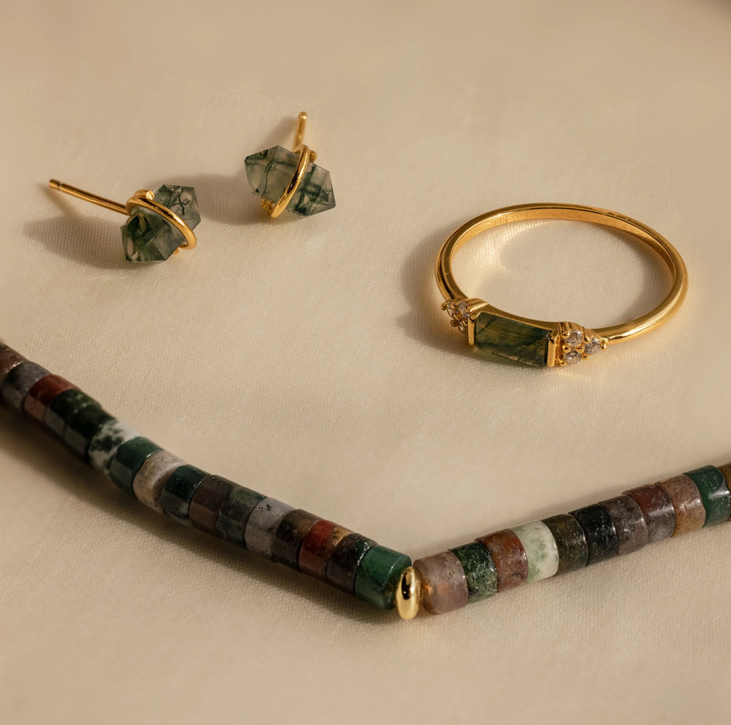 Moss Agate Beaded Necklace Silver 18K Gold Plated