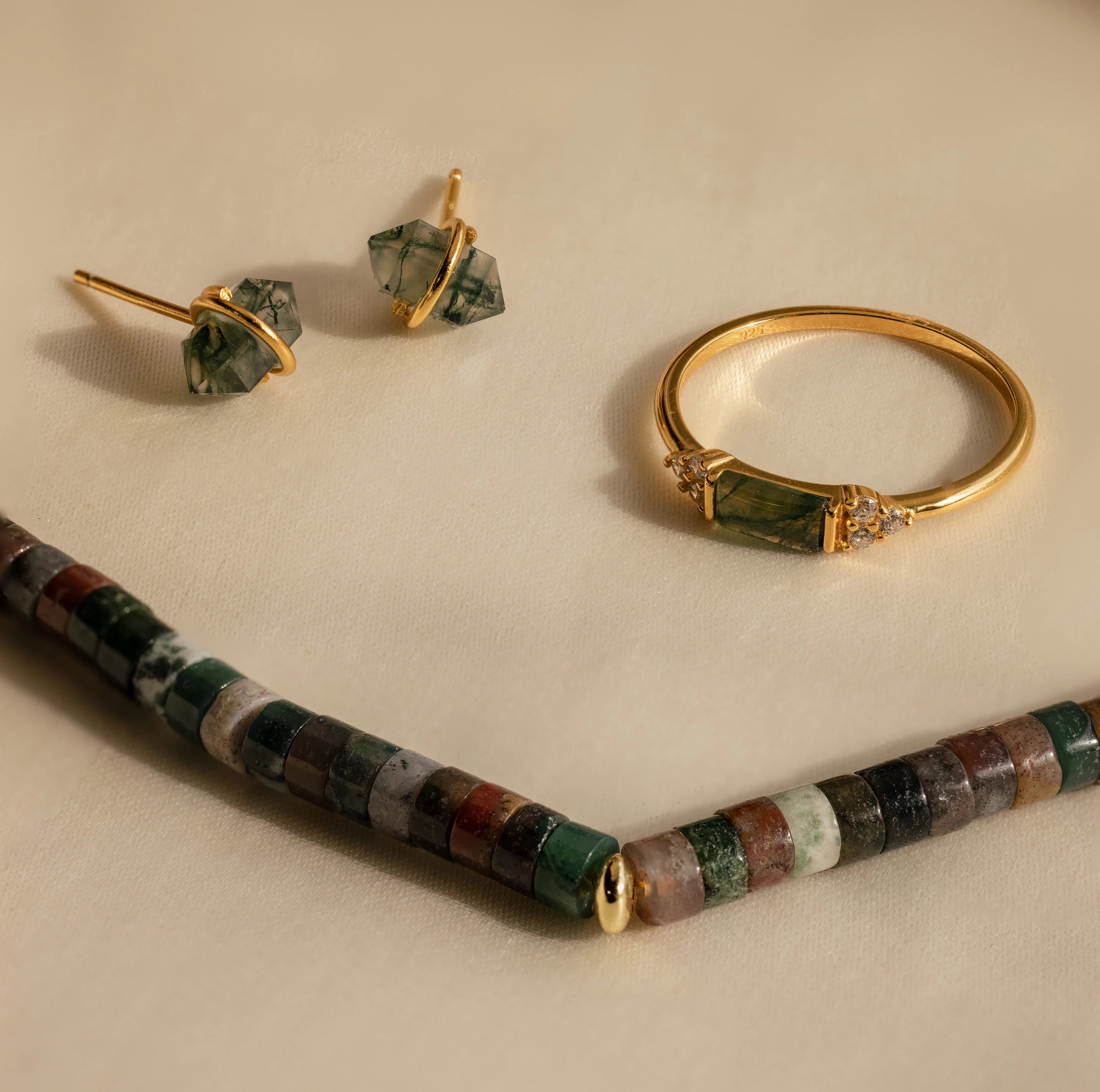 Moss Agate Beaded Necklace Silver 18K Gold Plated