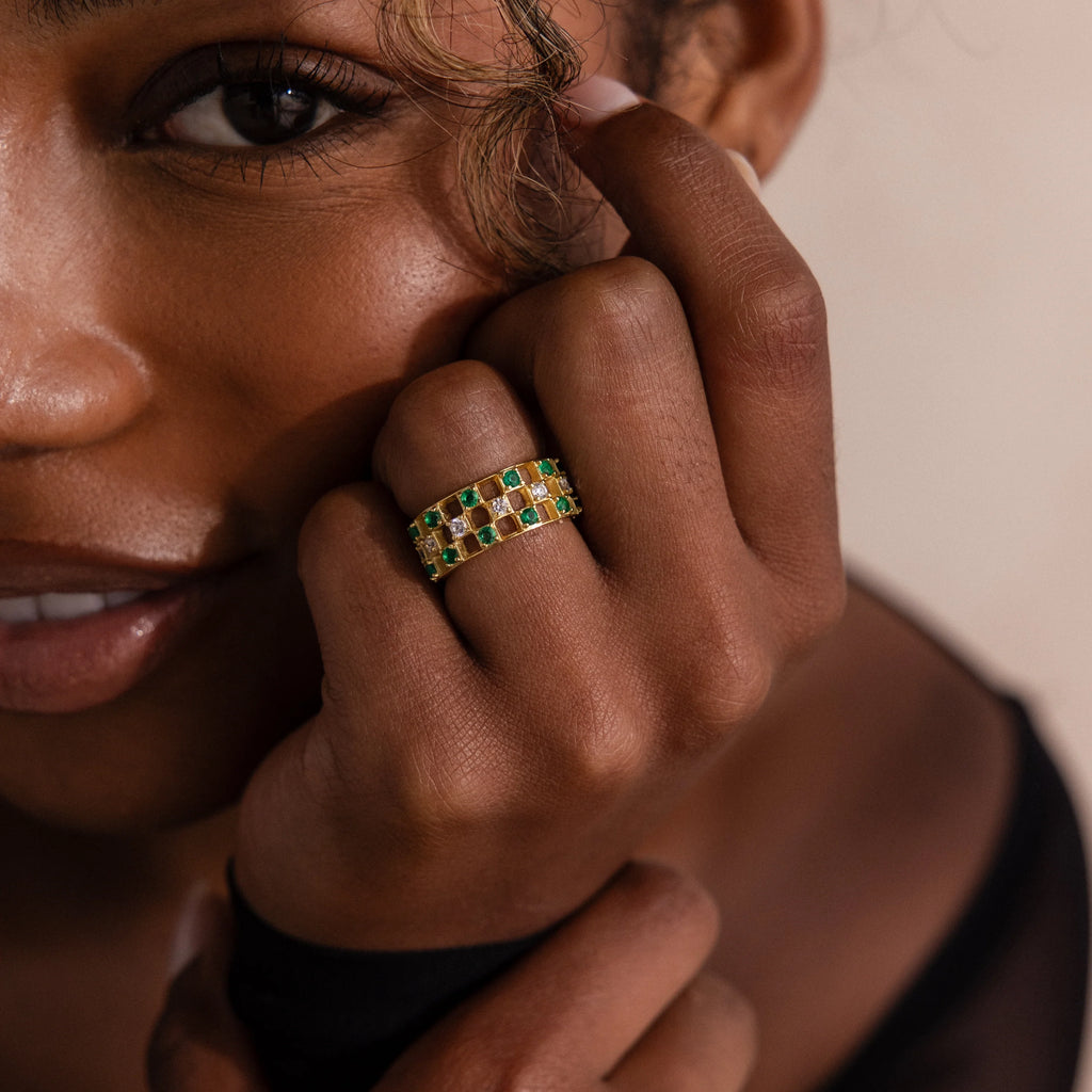 Lace Checkered Emerald Ring Silver 18K Gold Plated