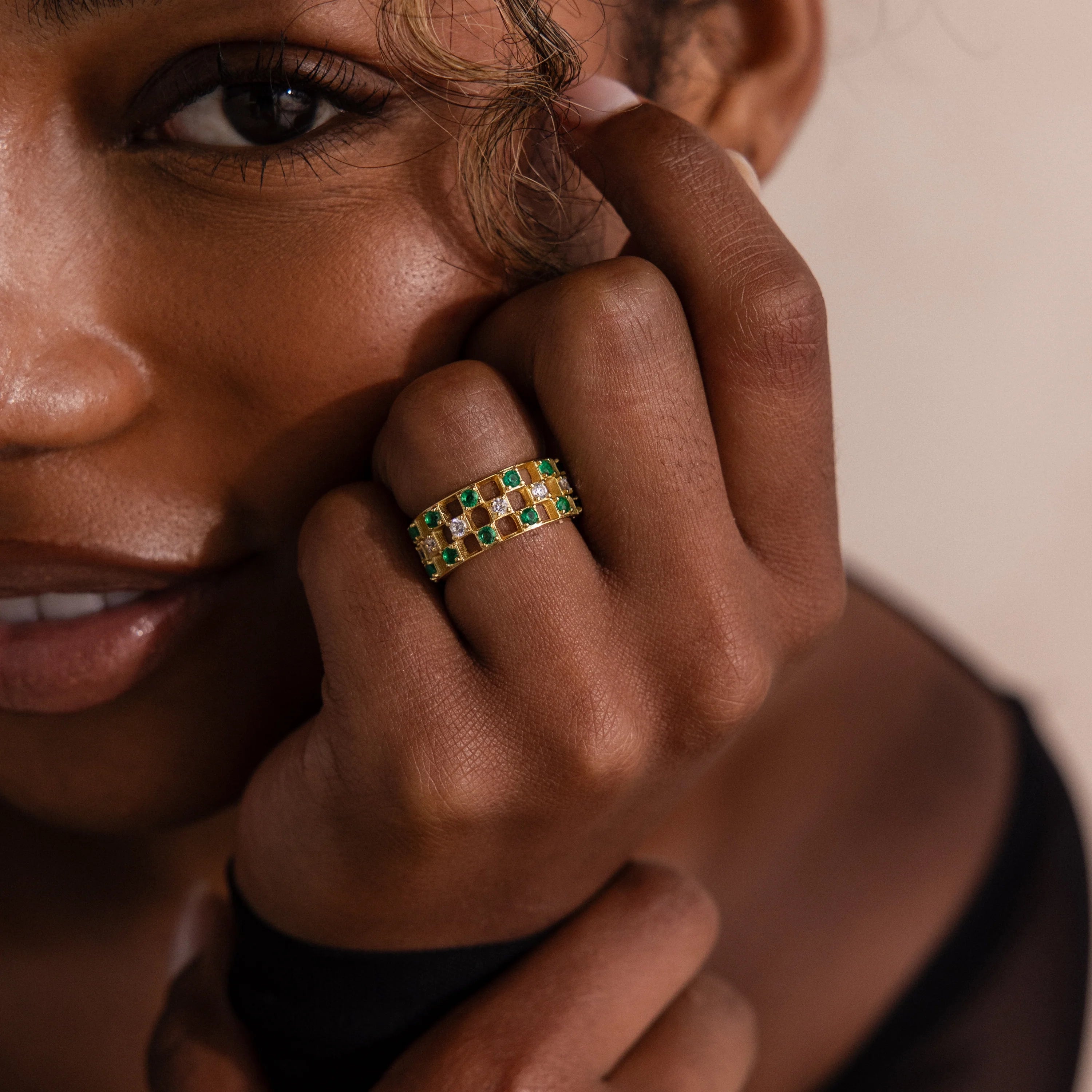 Lace Checkered Emerald Ring Silver 18K Gold Plated