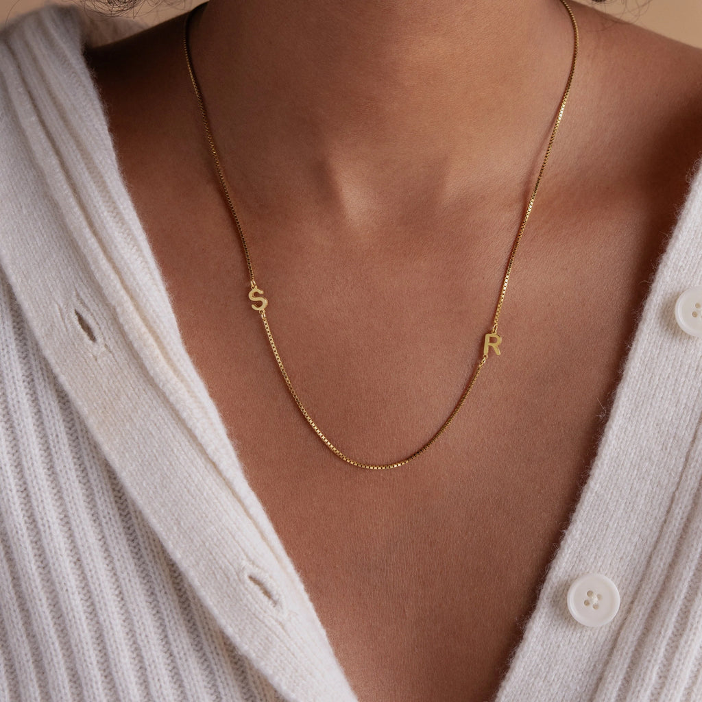 Duo Initial Necklace in Box Chain Silver 18K Gold Plated