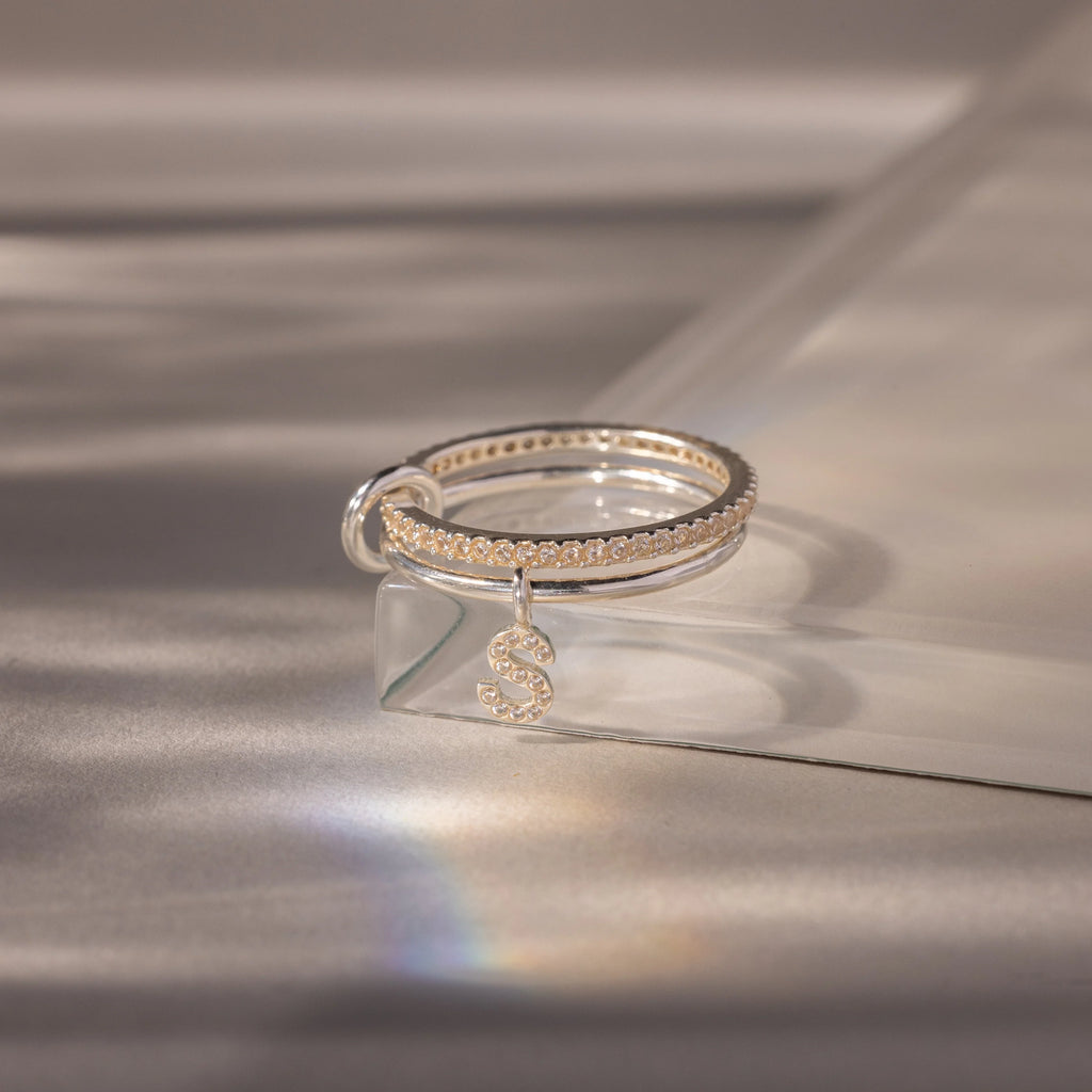 Linked Initial Diamond Ring Set Silver 18K Gold Plated