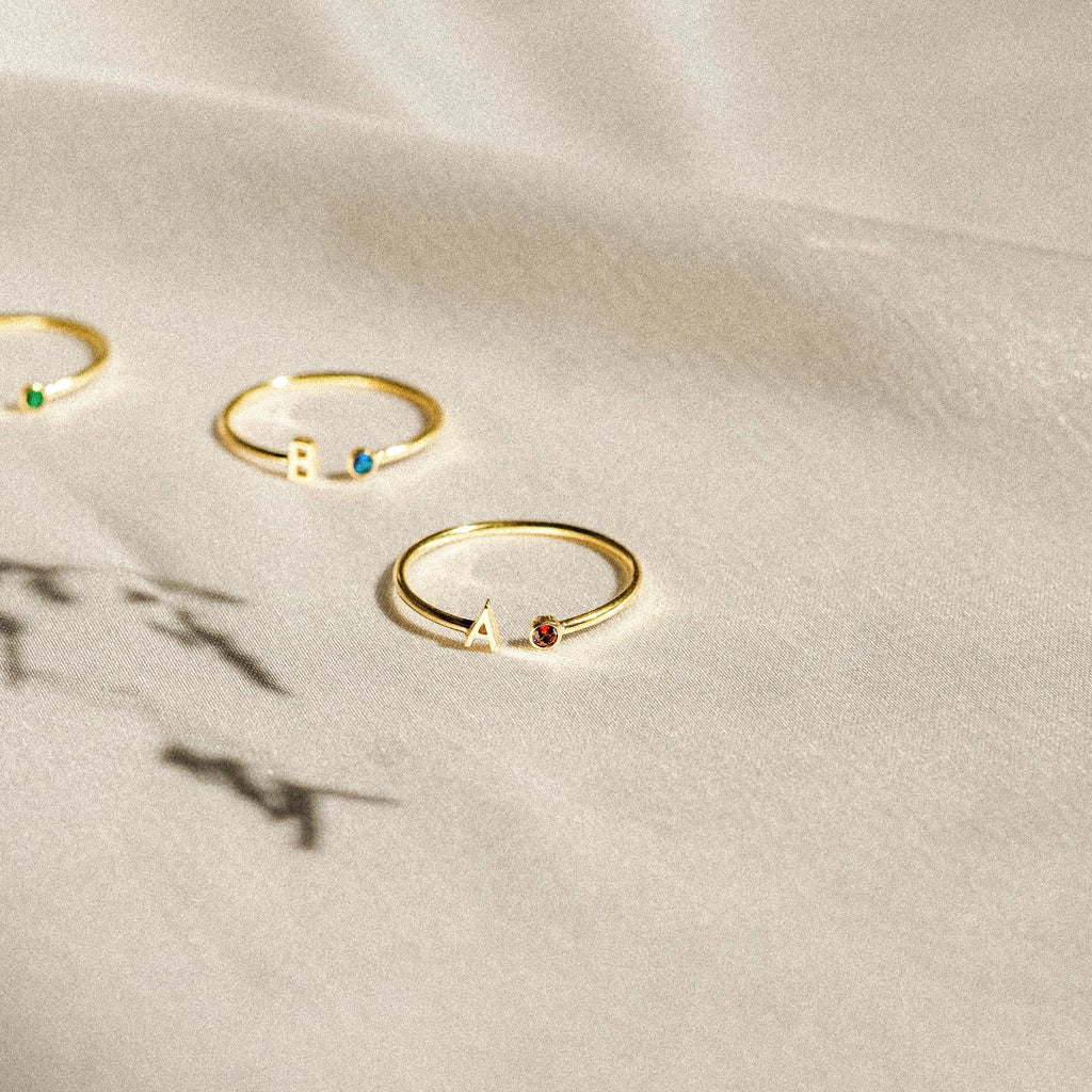 Modern Initial Birthstone Ring Silver 18K Gold Plated