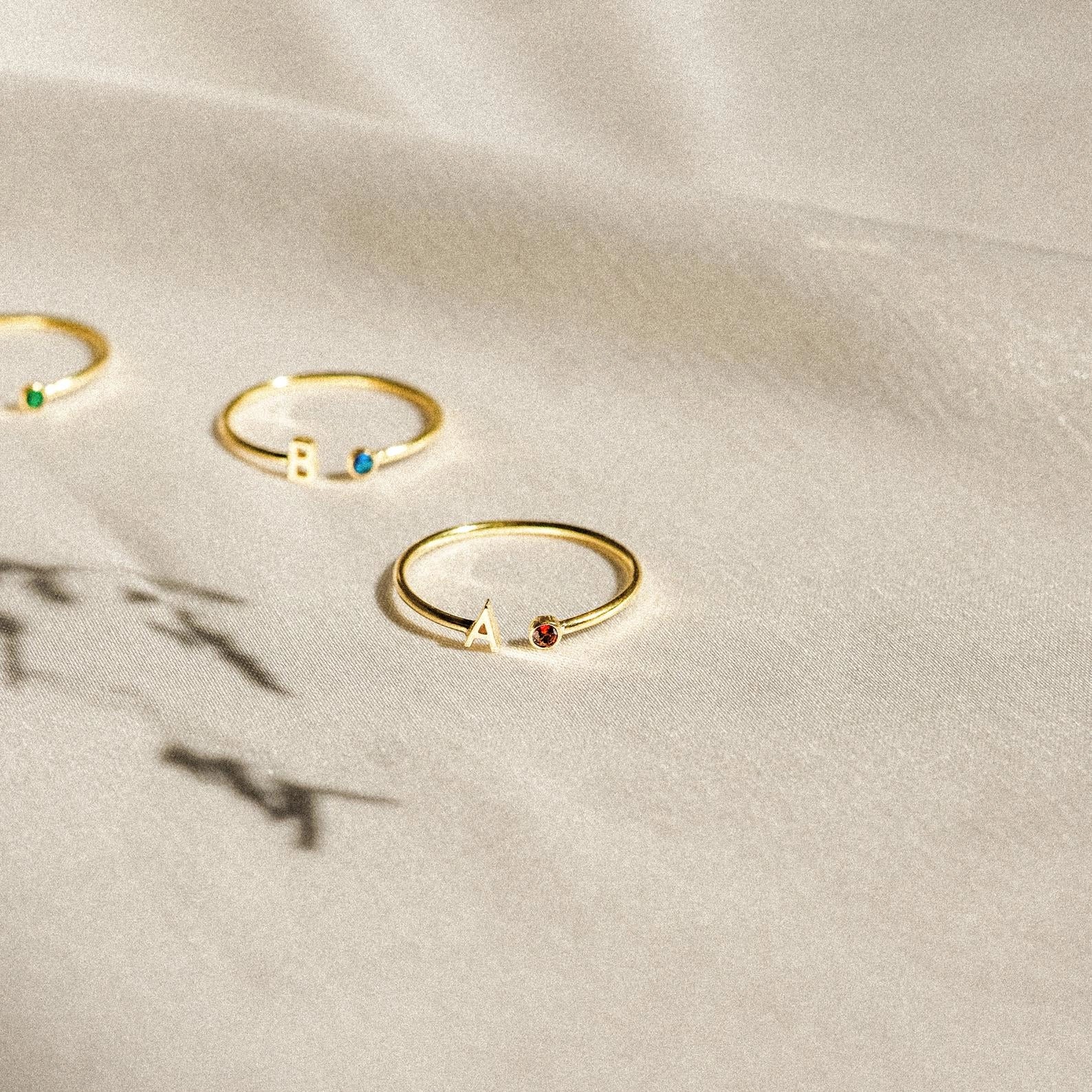 Modern Initial Birthstone Ring Silver 18K Gold Plated