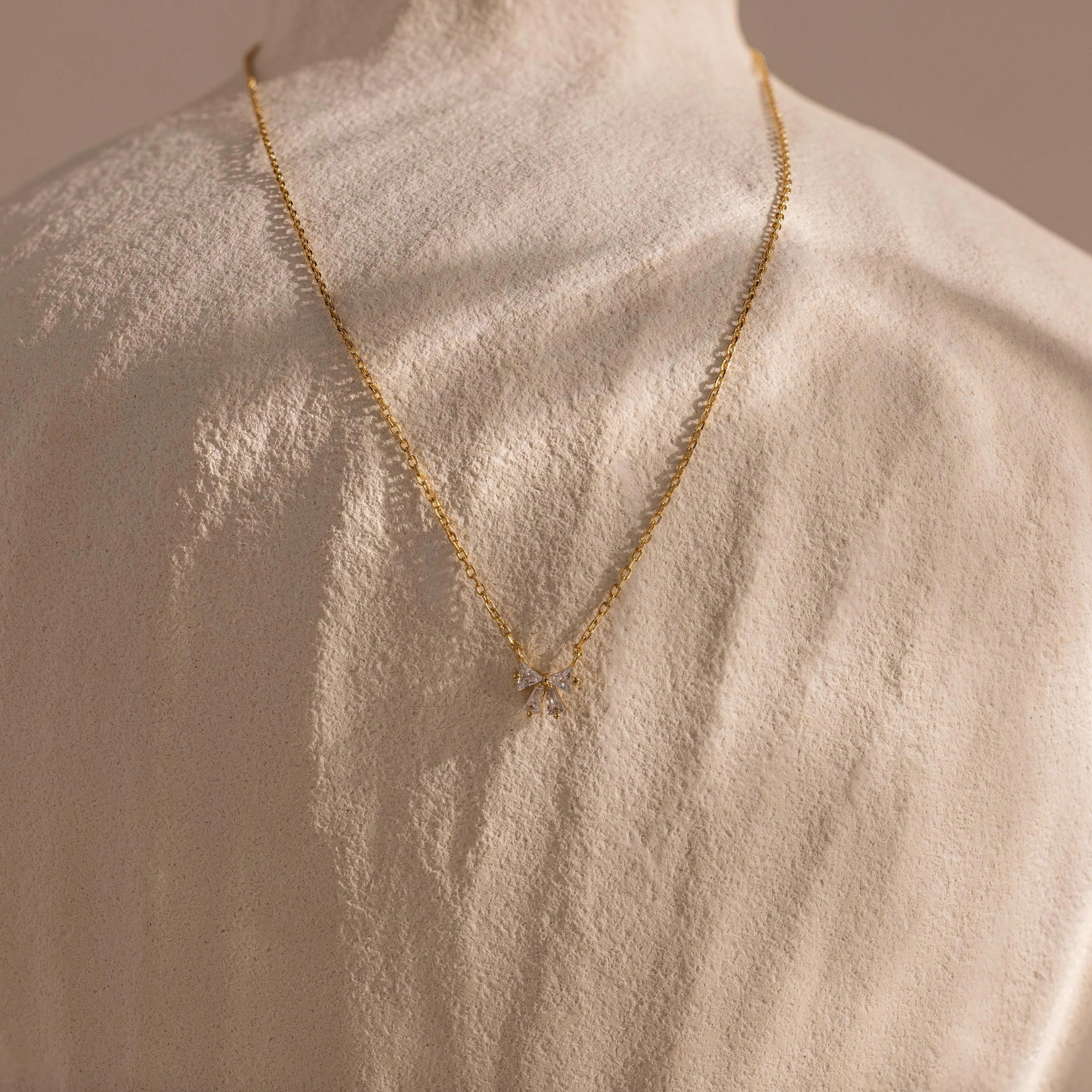 Diamond Bow Necklace Silver 18K Gold Plated