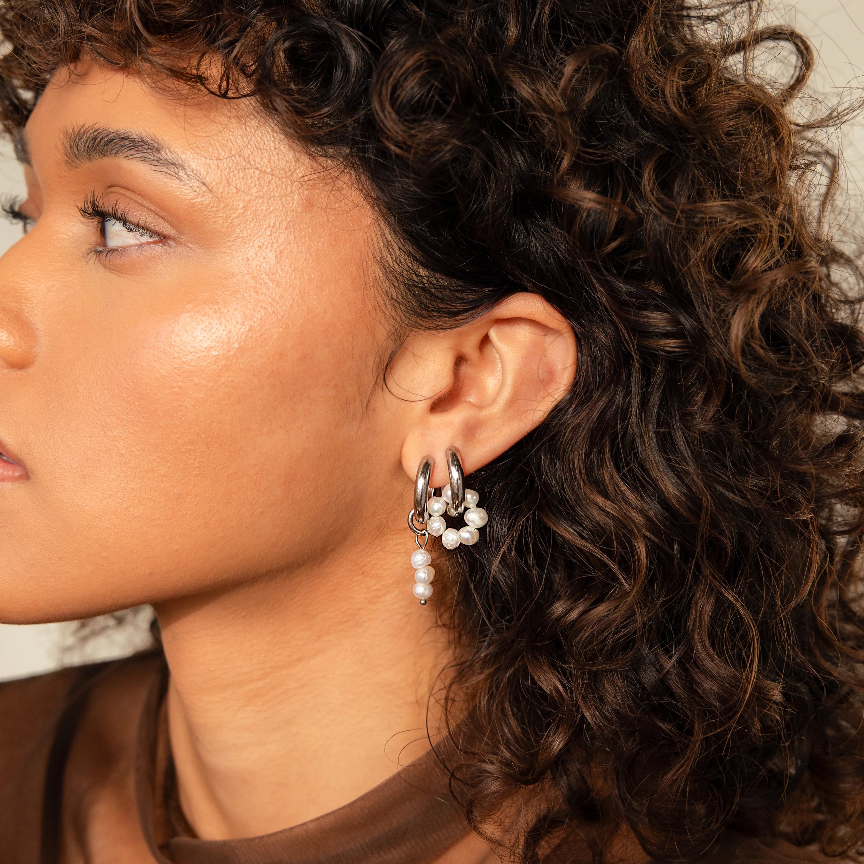 Mismatched Pearl Drop Hoops Silver 18K Gold Plated