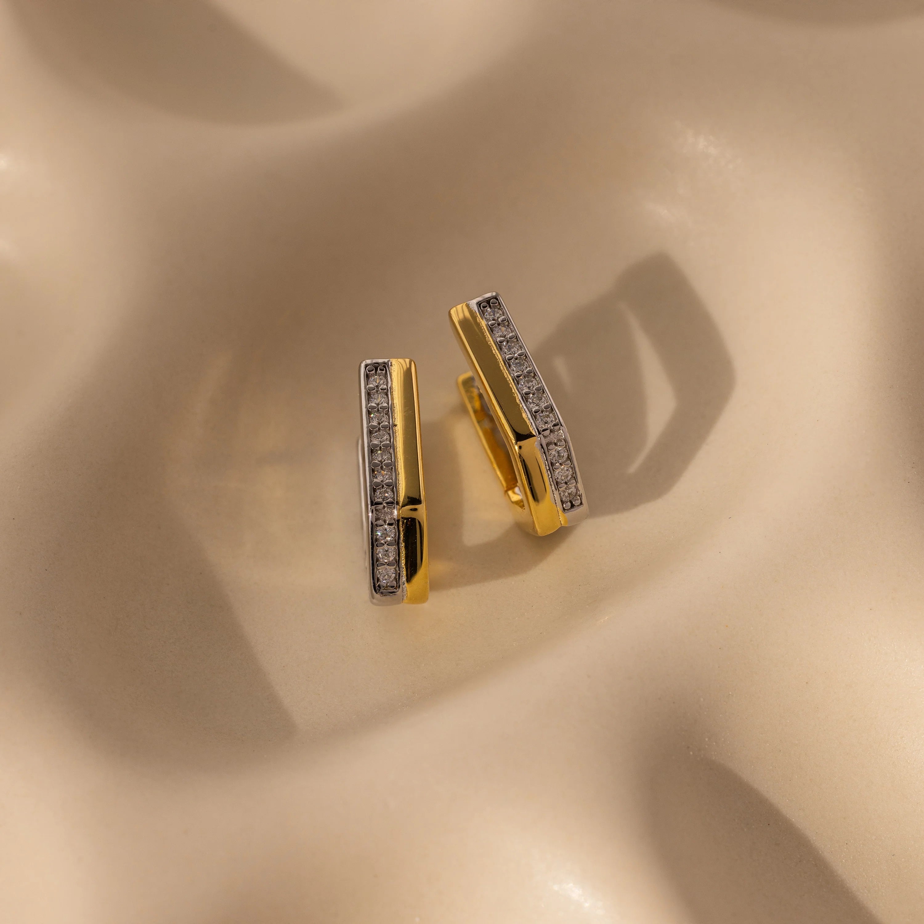 Diamond Pave Pointed Mixed Metal Hoops Silver 18K Gold Plated