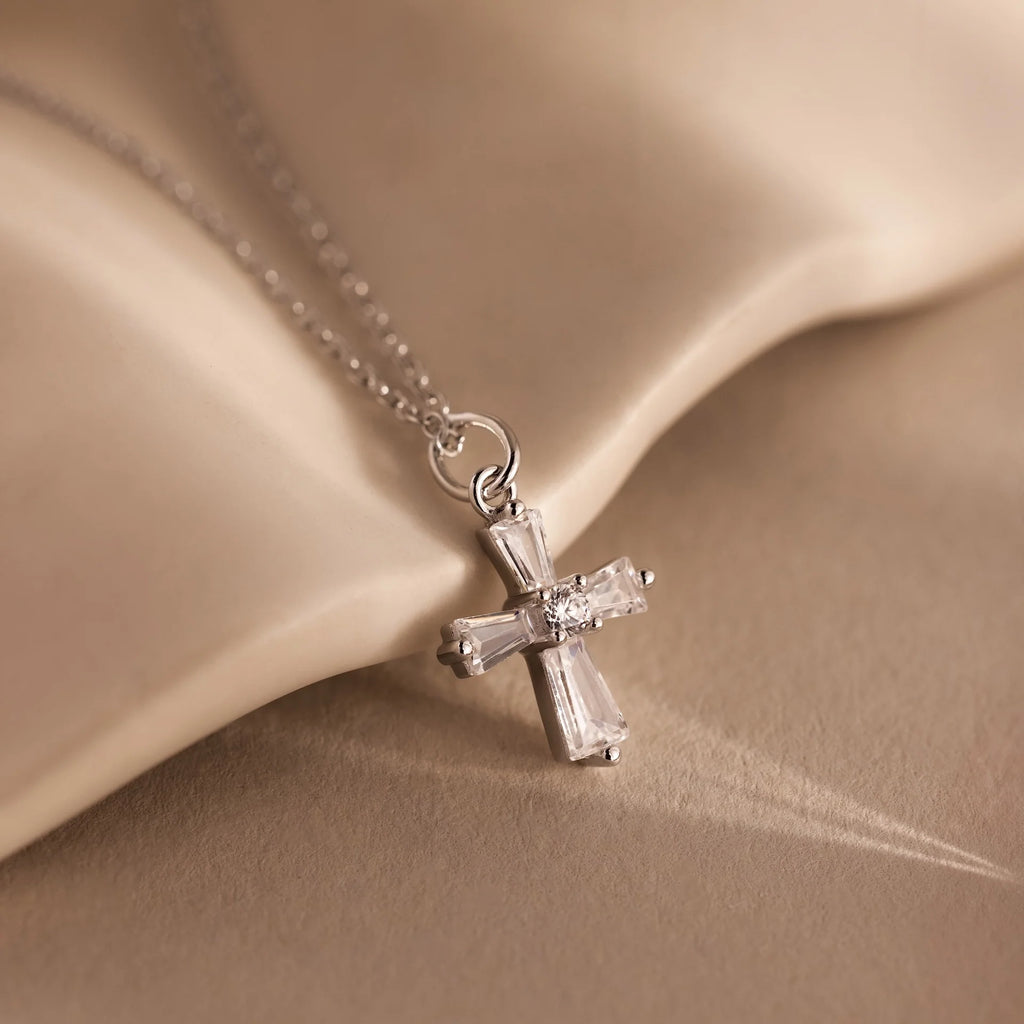 Diamond Pavé Art Deco Cross Necklace Silver 18K Gold Plated