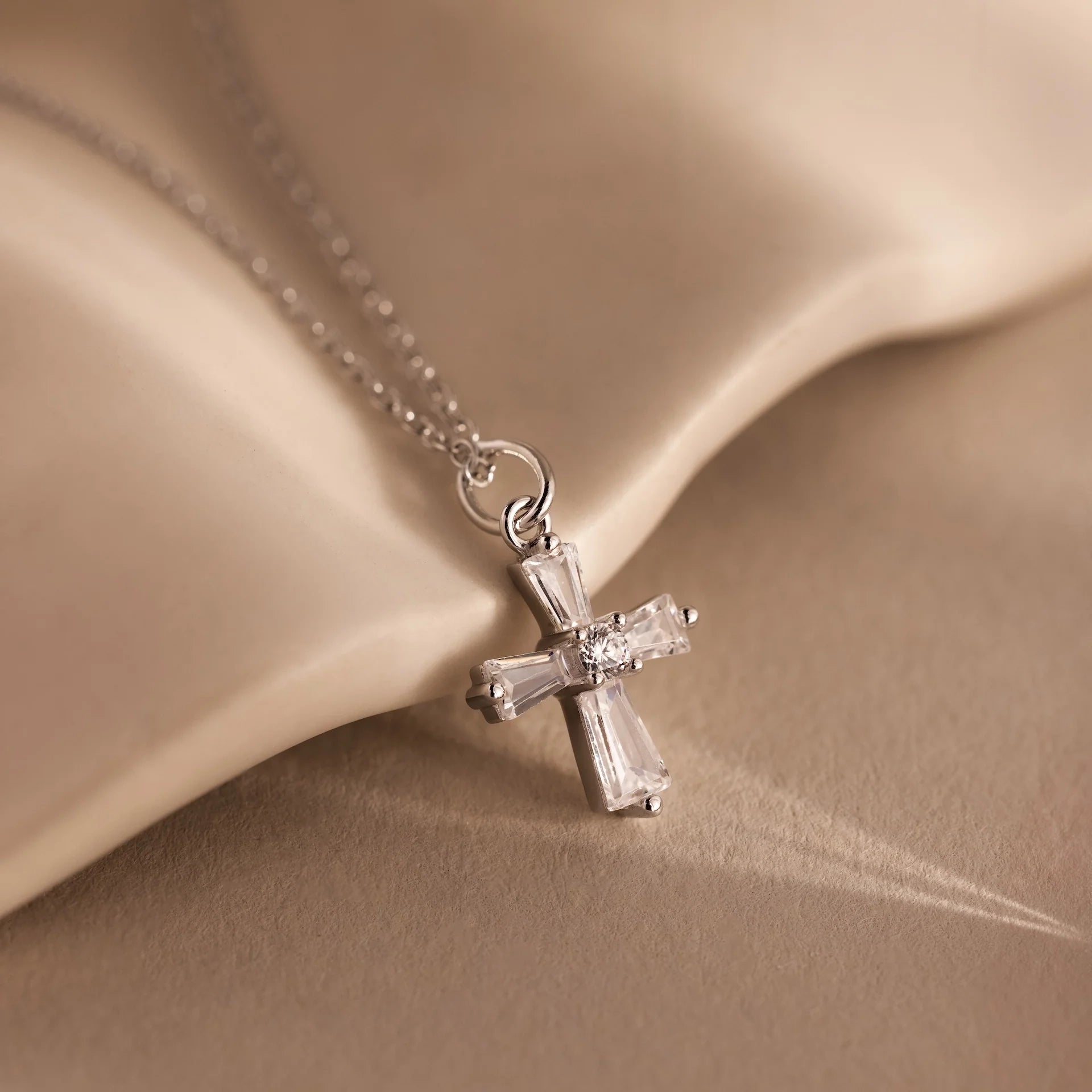 Diamond Pavé Art Deco Cross Necklace Silver 18K Gold Plated