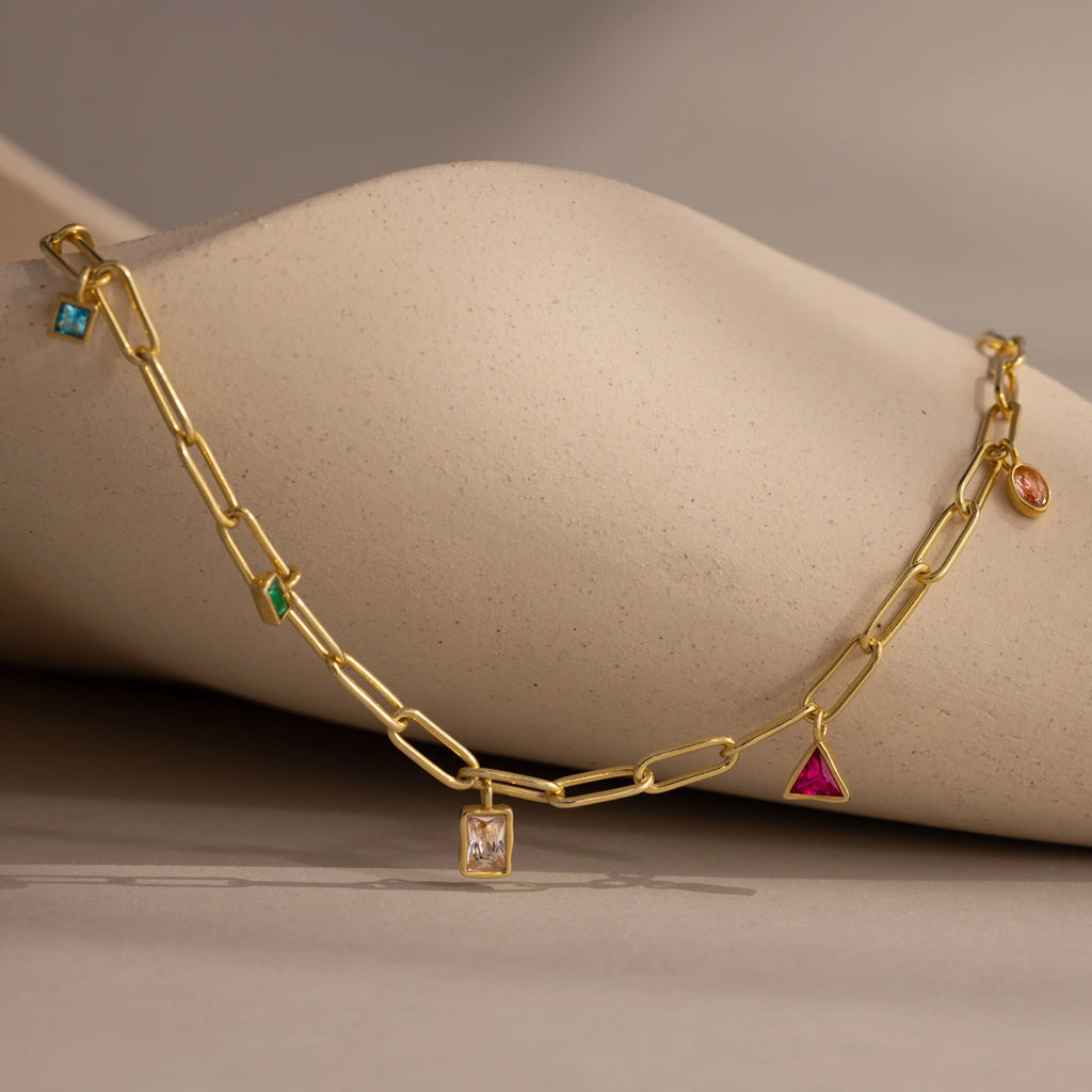 Mixed Birthstone Charm Necklace Silver 18K Gold Plated