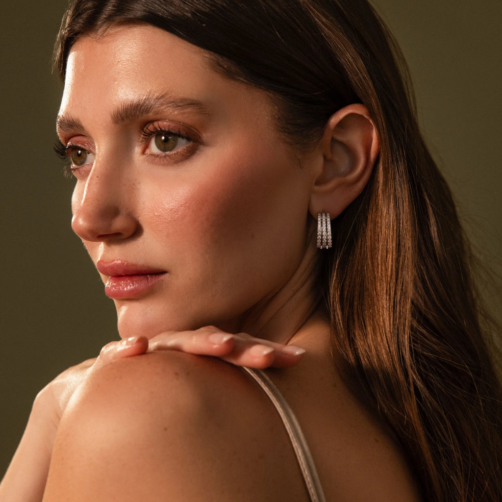 Diamond Pave Trio Hoops Silver 18K Gold Plated