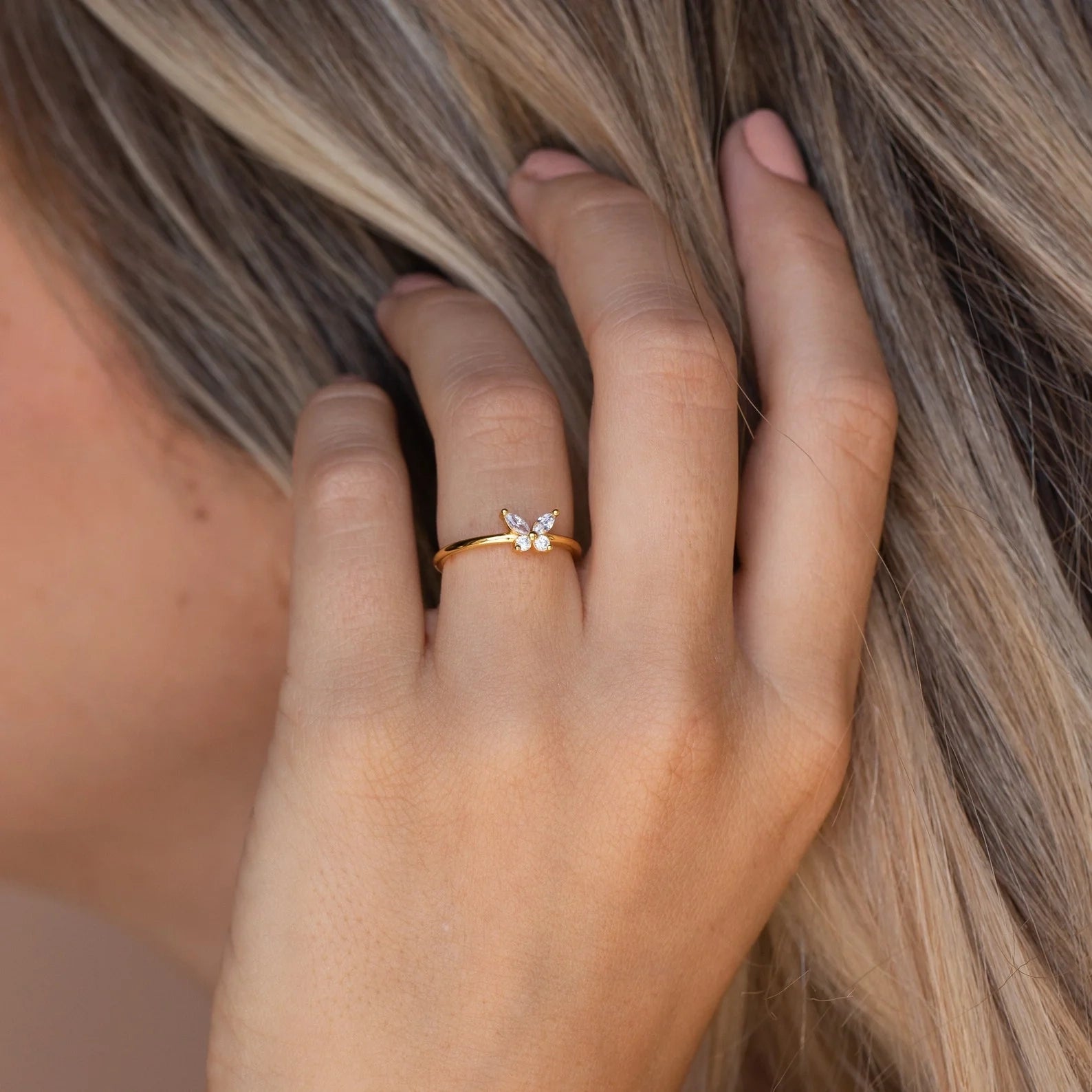 Diamond Butterfly Ring Silver 18K Gold Plated