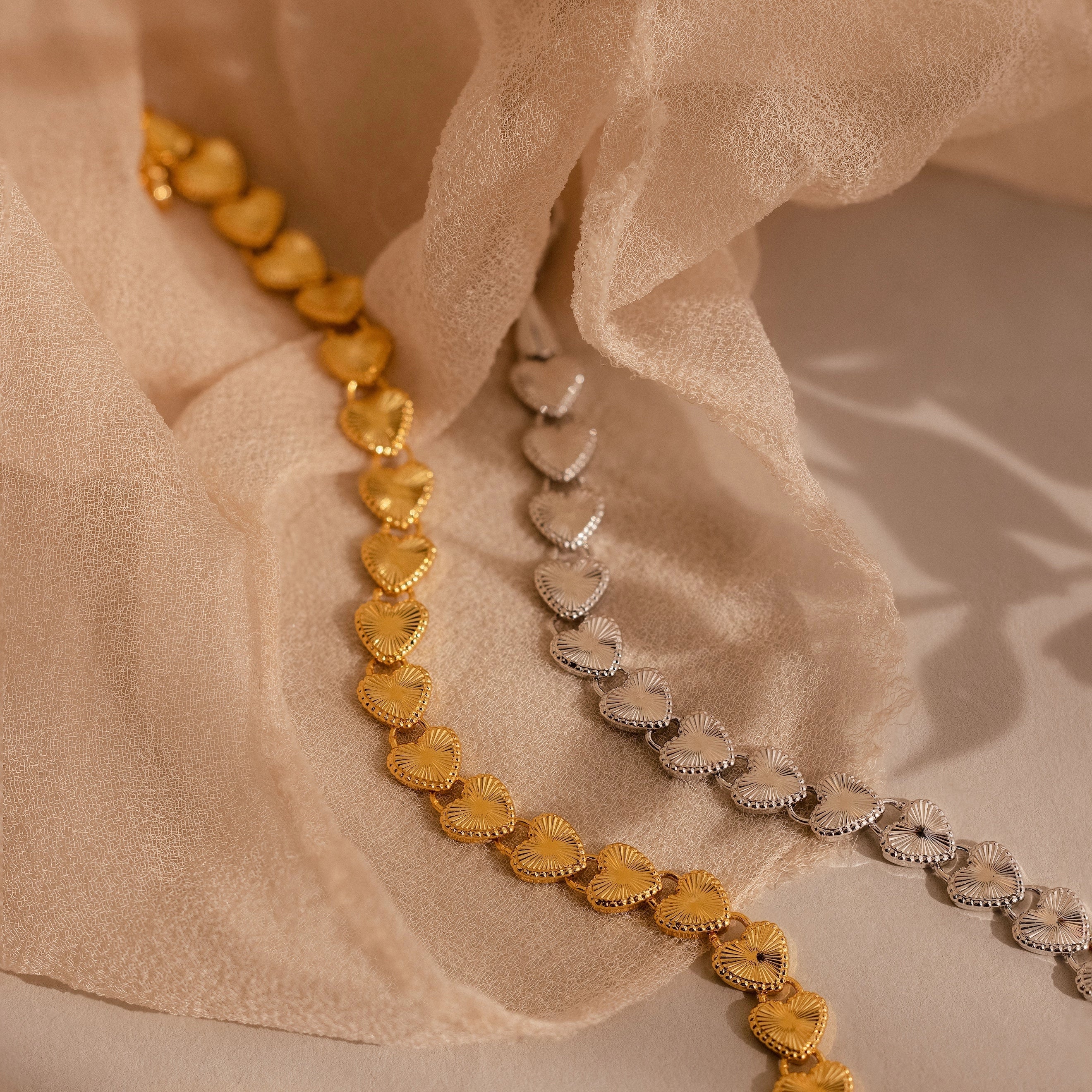 Ribbed Heart Link Bracelet Silver 18K Gold Plated