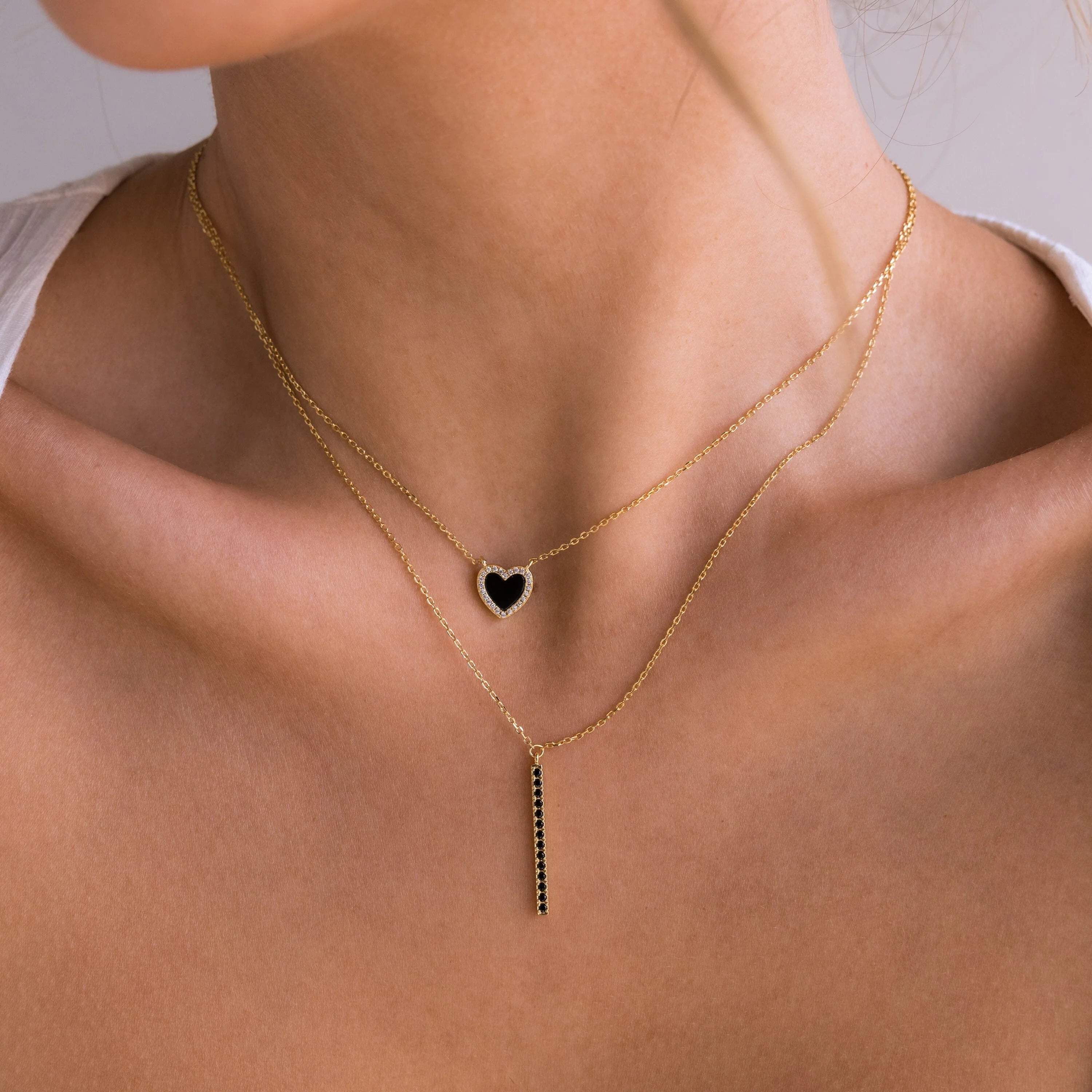 Pave Diamonds Onyx Heart Necklace Silver 18K Gold Plated