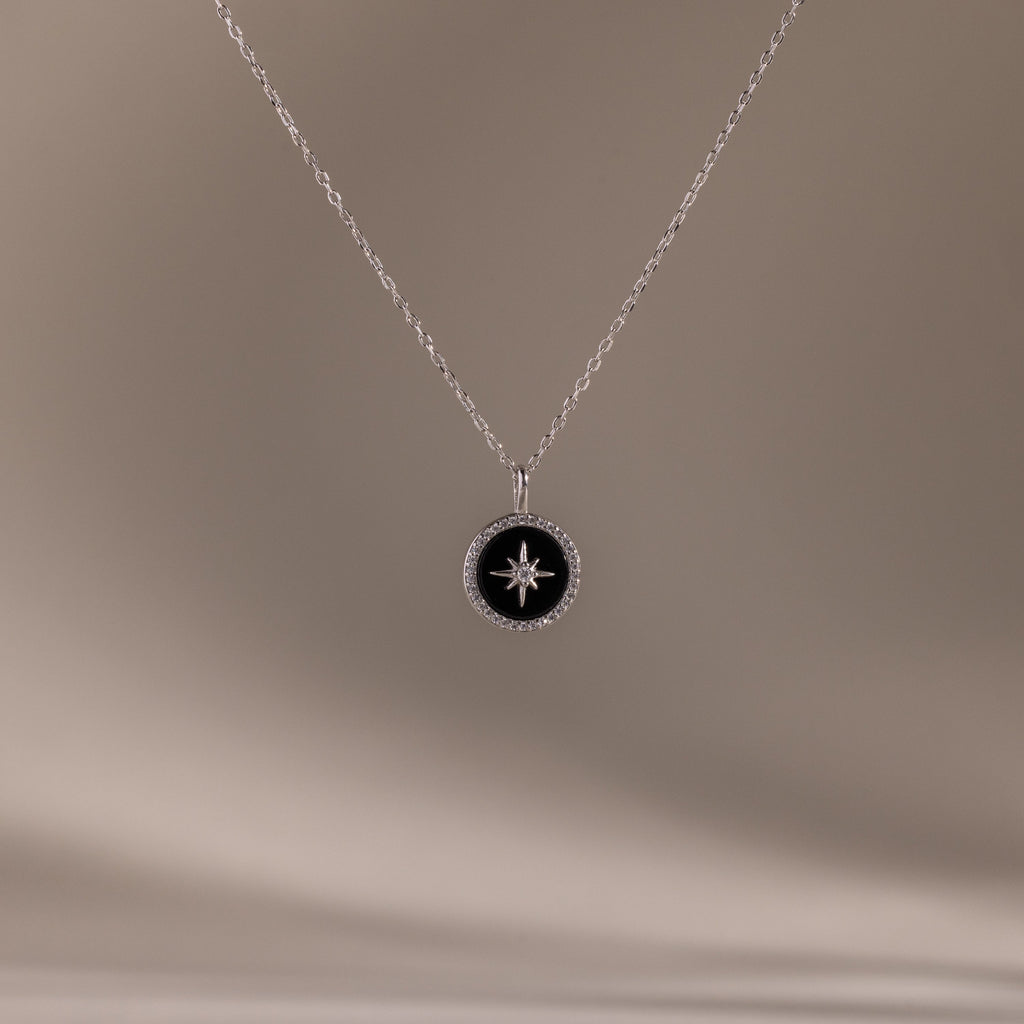 Diamonds Onyx Star Pendant Necklace Silver 18K Gold Plated