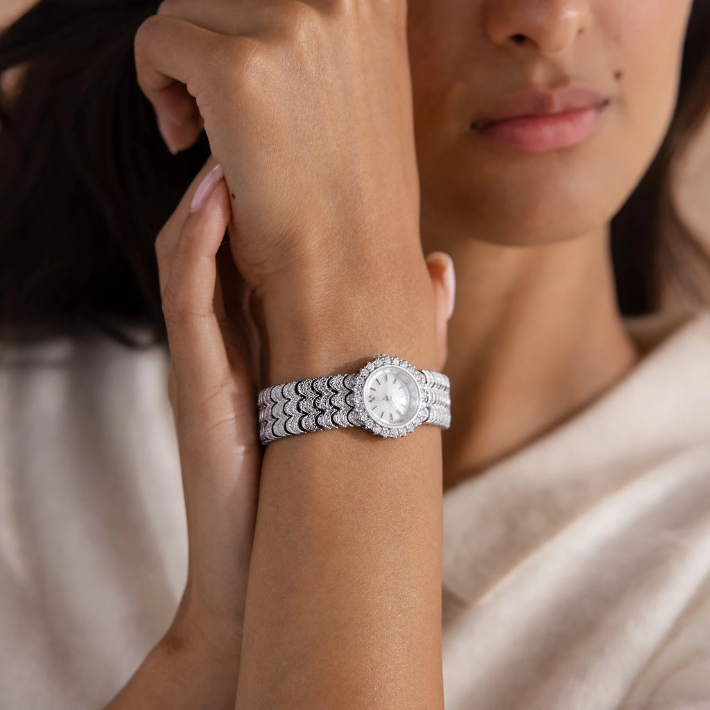 Diamond Pave Scalloped Timepiece Silver 18K Gold Plated