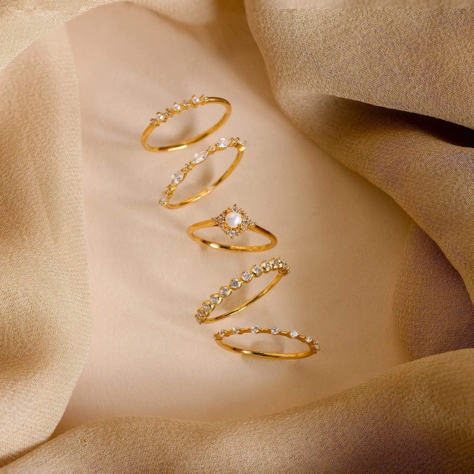 Pearl Diamond Stacking Rings Silver 18K Gold Plated
