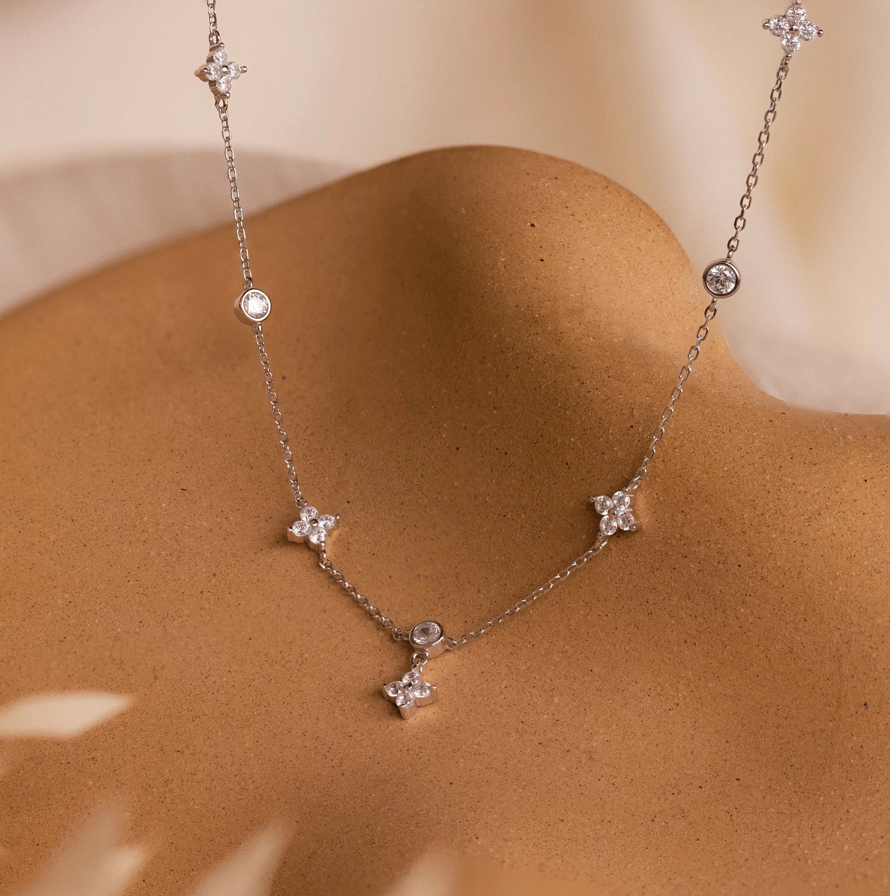 Flower Charms Ivy Diamond Station Necklace Silver 18K Gold Plated