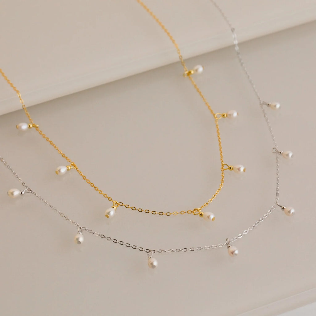 Pearl Station Necklace Silver 18K Gold Plated