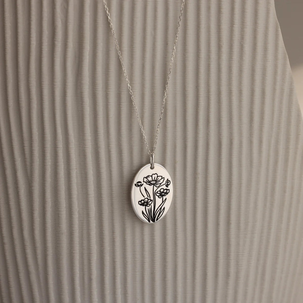Oval Birth Flower Necklace  Silver 18K Gold Plated