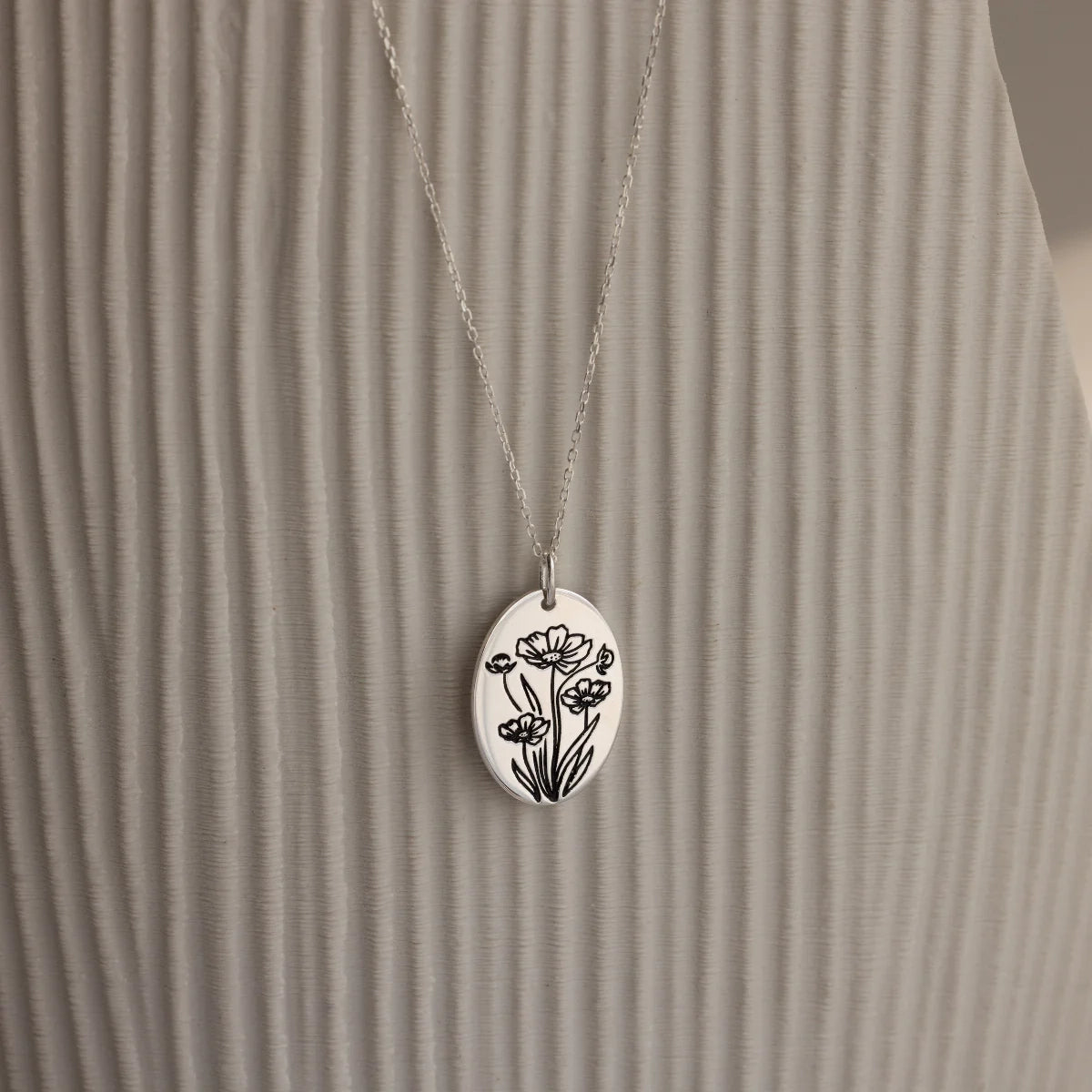Oval Birth Flower Necklace  Silver 18K Gold Plated
