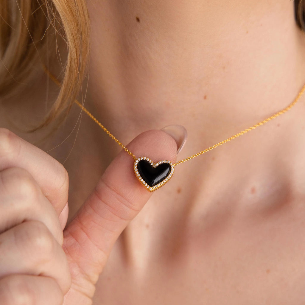 Diamond Onyx Puff Heart Necklace Silver 18K Gold Plated