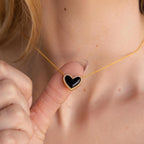 Diamond Onyx Puff Heart Necklace Silver 18K Gold Plated