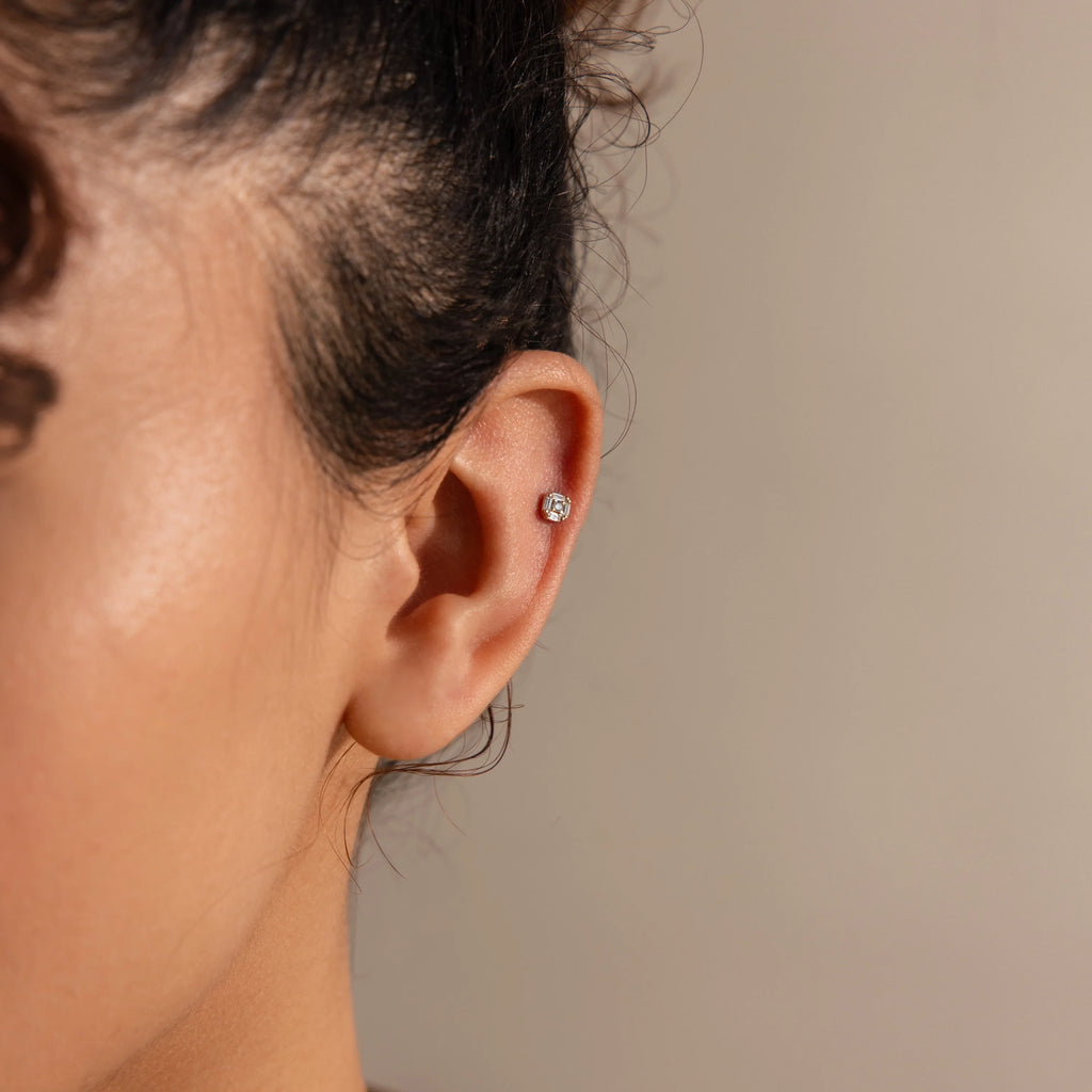 Diamond Art Deco Flatback Studs Silver 18K Gold Plated