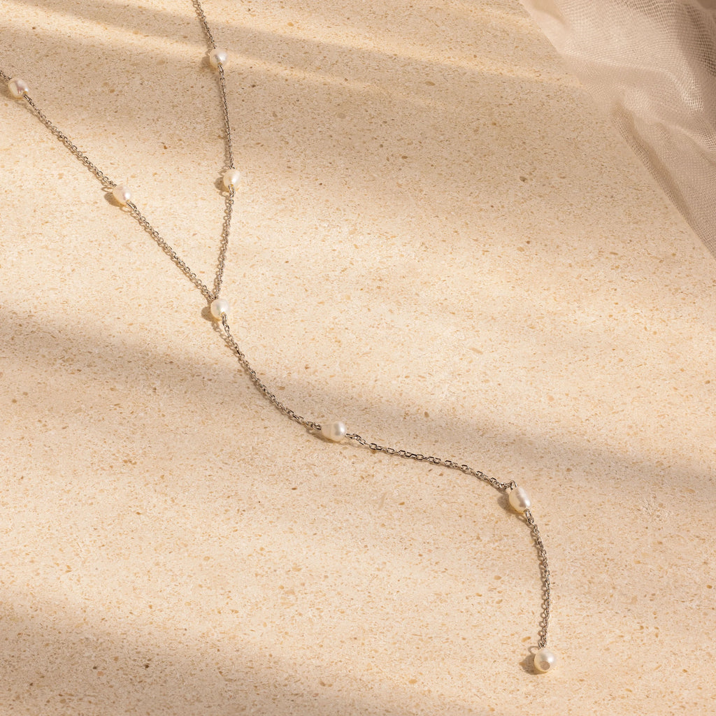 Pearl Station Lariat Necklace Silver 18K Gold Plated