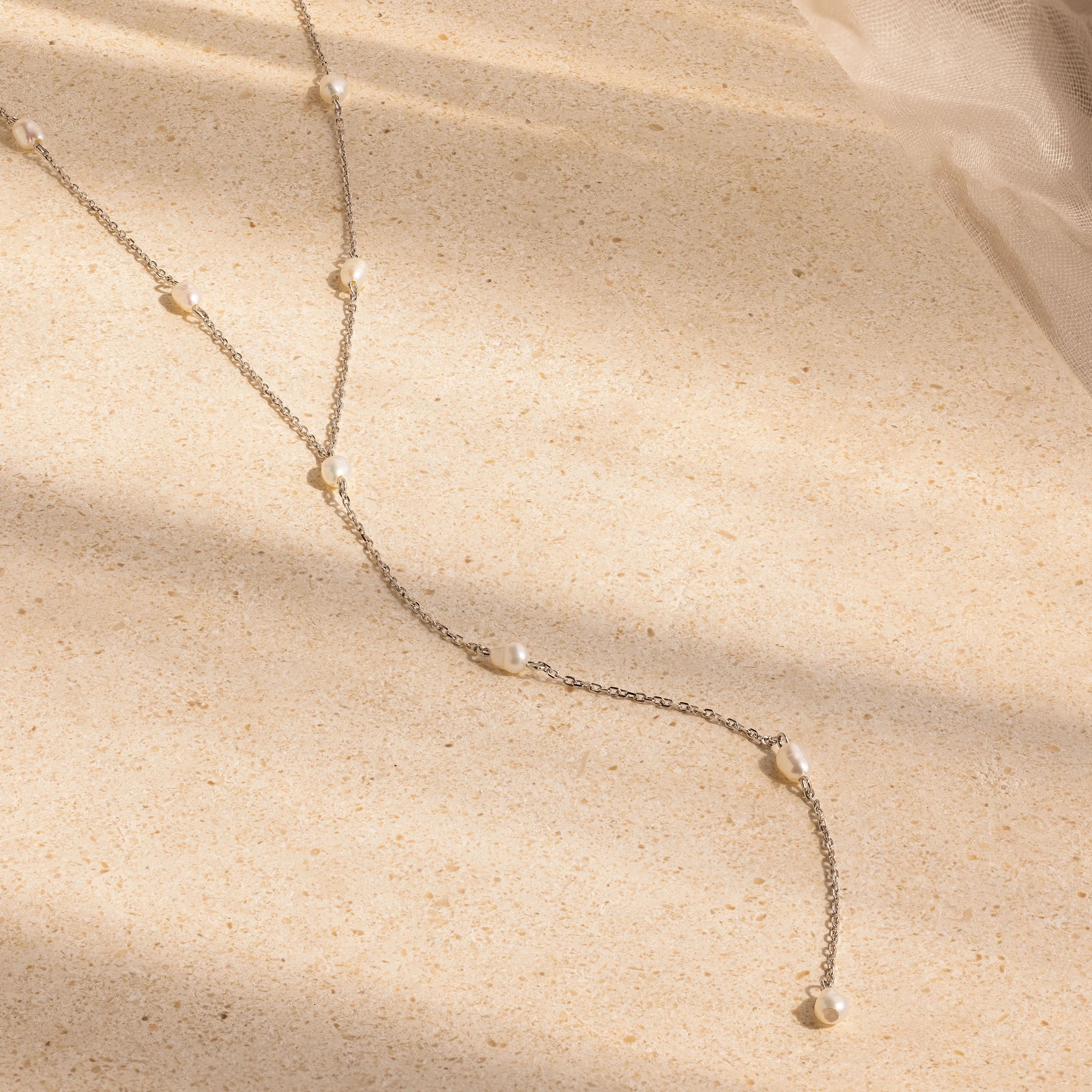 Pearl Station Lariat Necklace Silver 18K Gold Plated