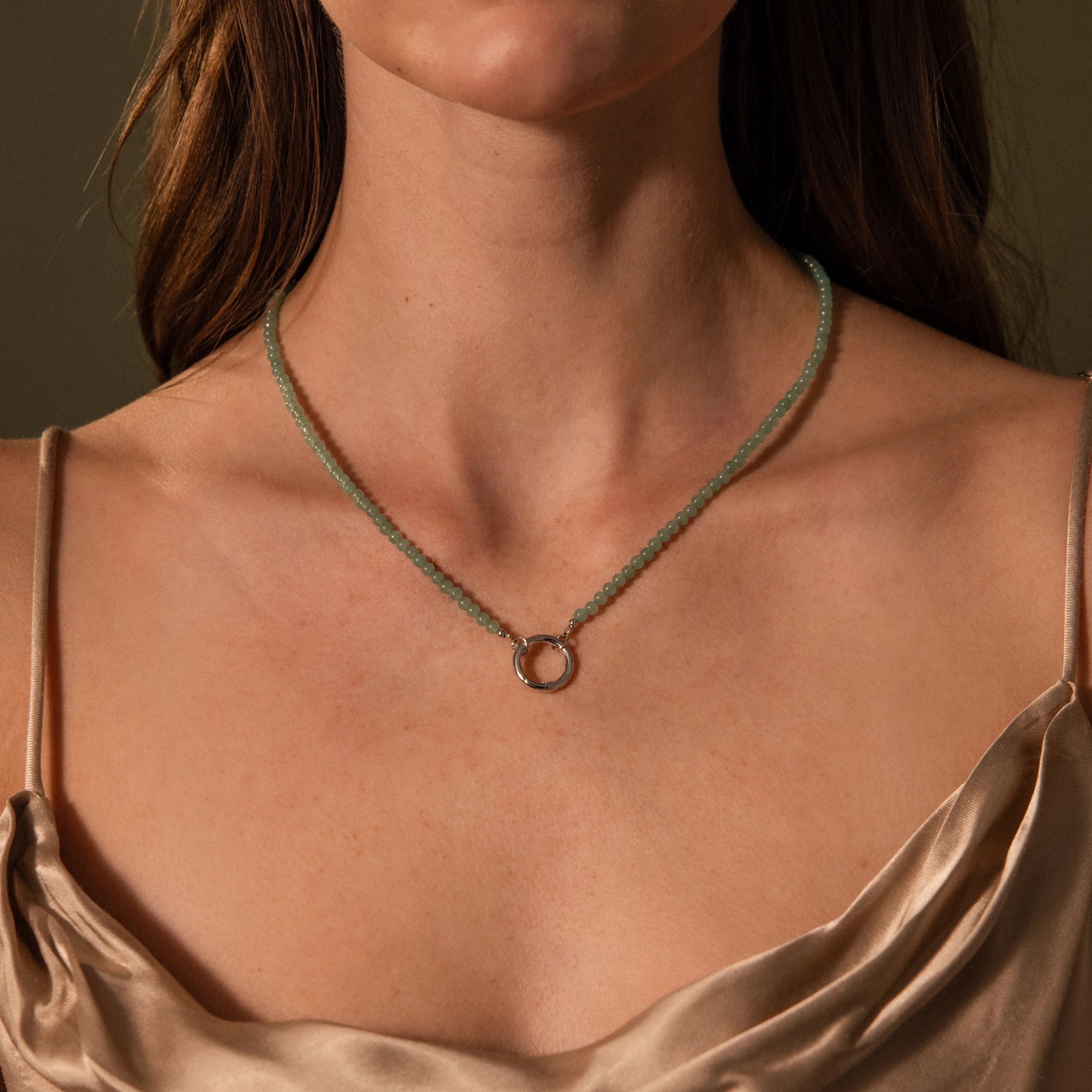 Beaded Jade Charm Necklace Silver 18K Gold Plated