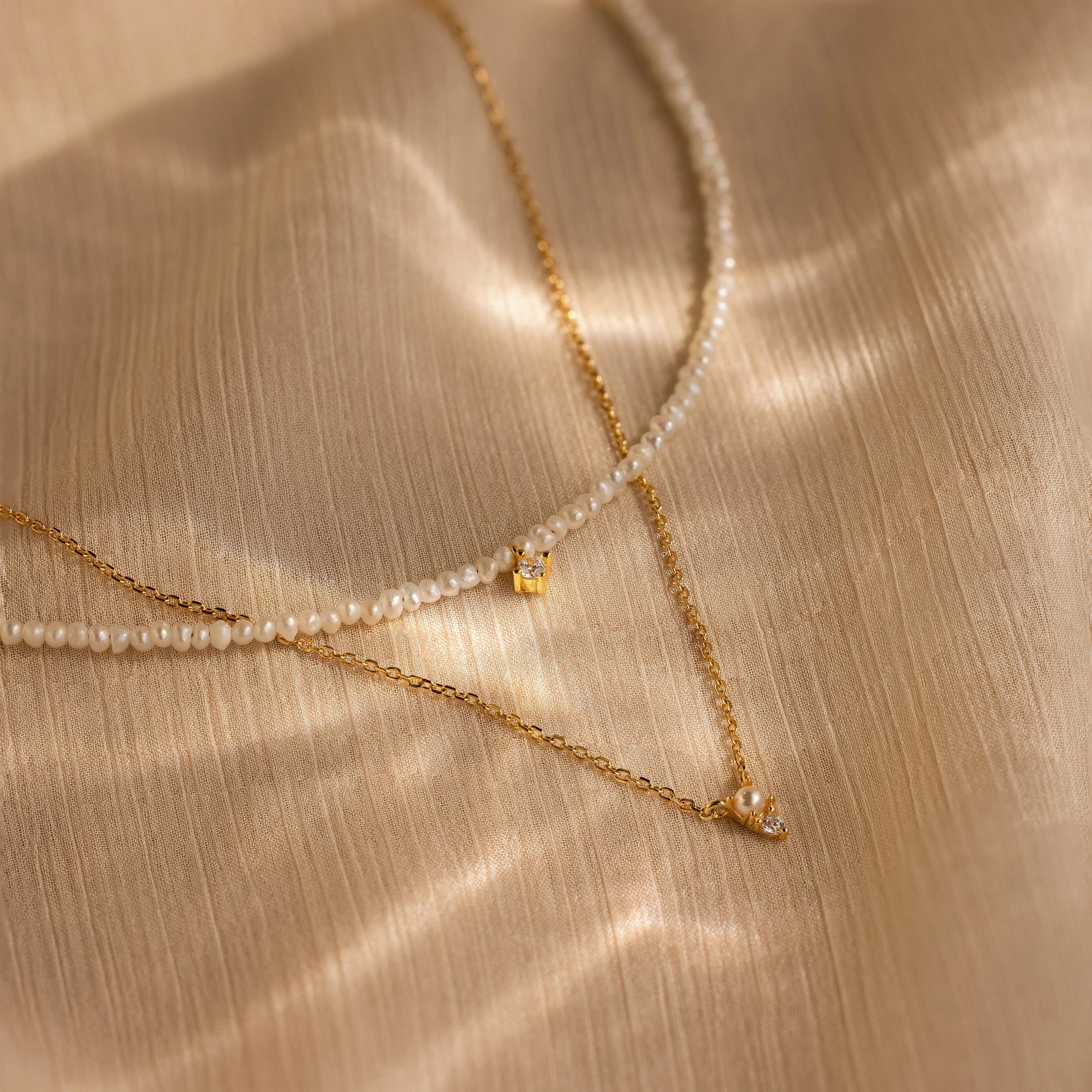 Pearl & Diamond Duo Necklace Silver 18K Gold Plated