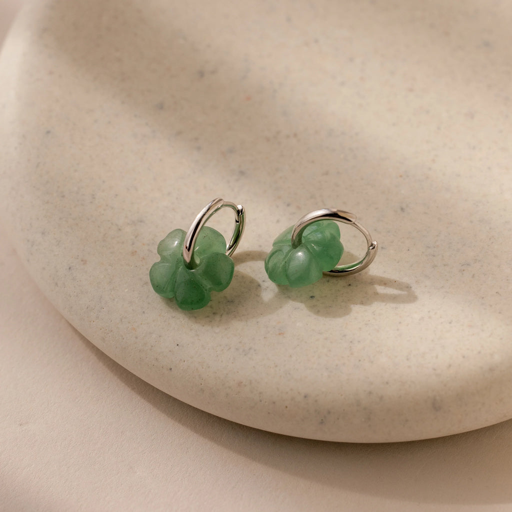 Jade Flower Hoops Silver 18K Gold Plated