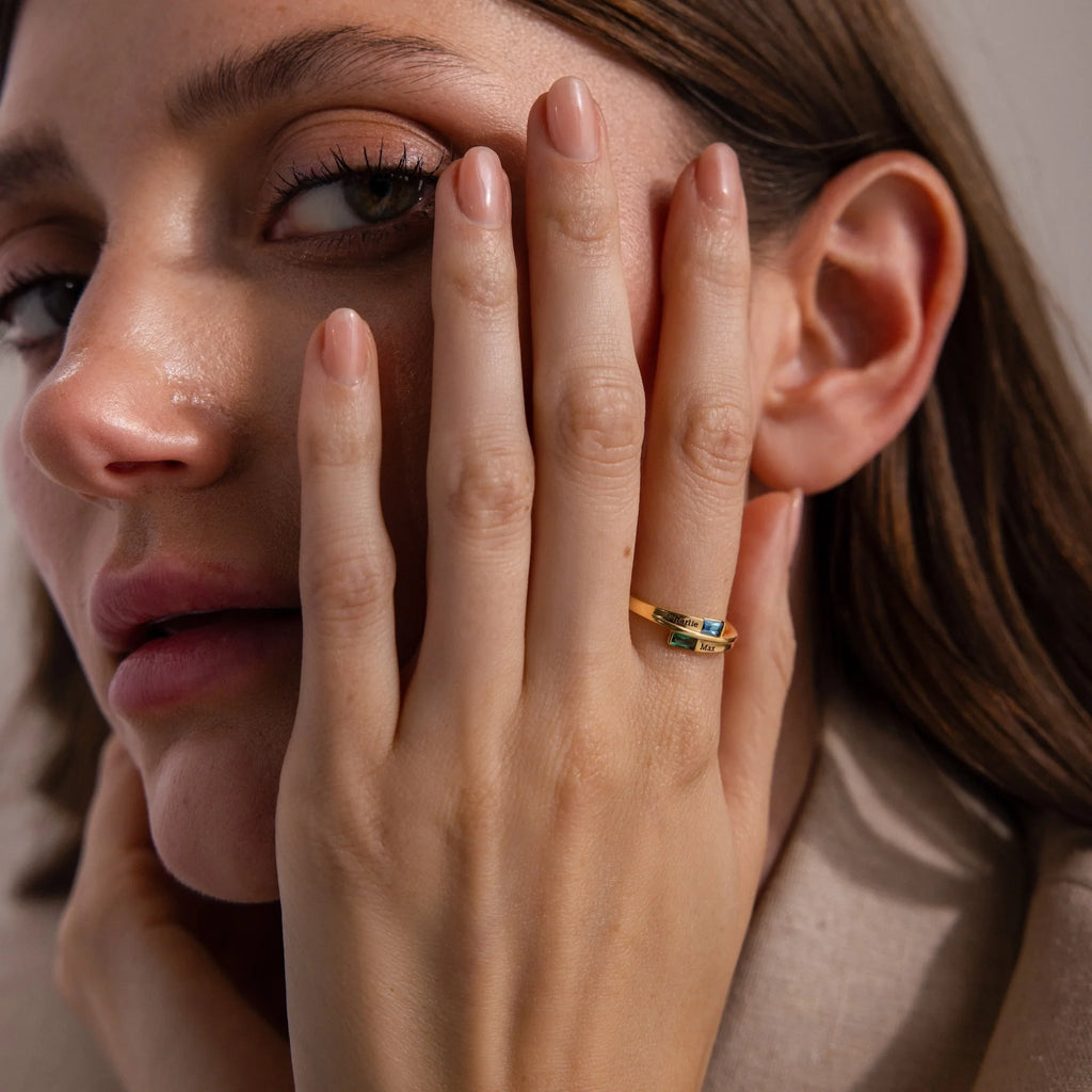Toi et Moi Baguette Cut Name Ring Silver 18K Gold Plated