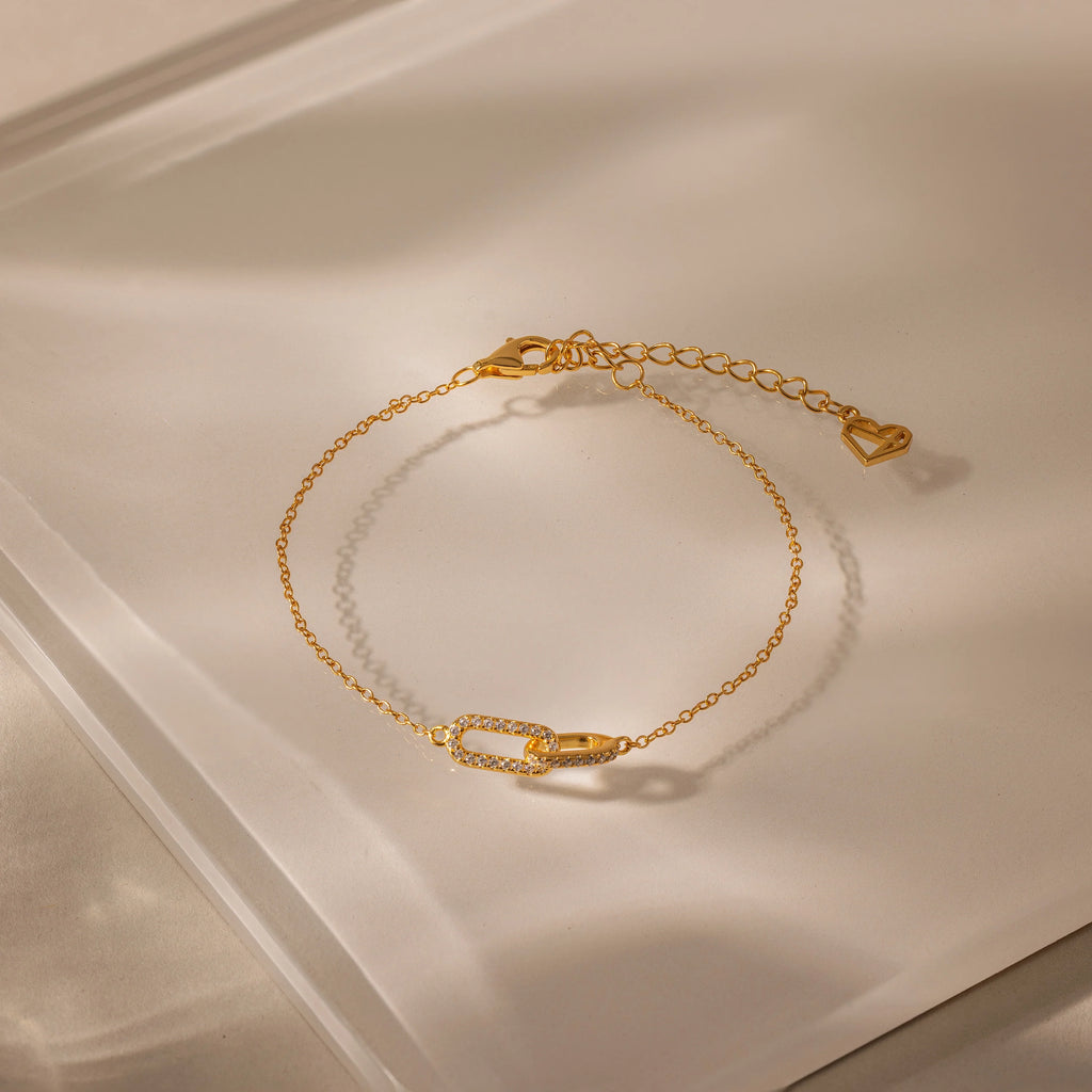 Diamond Pave Duo Link Pendant Bracelet Silver 18K Gold Plated