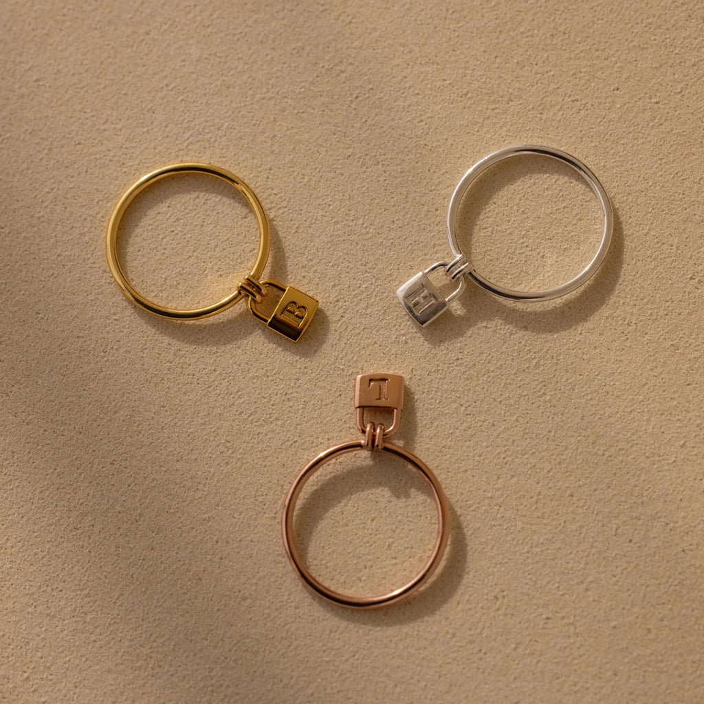 Initial Padlock Drop Ring Silver 18K Gold Plated