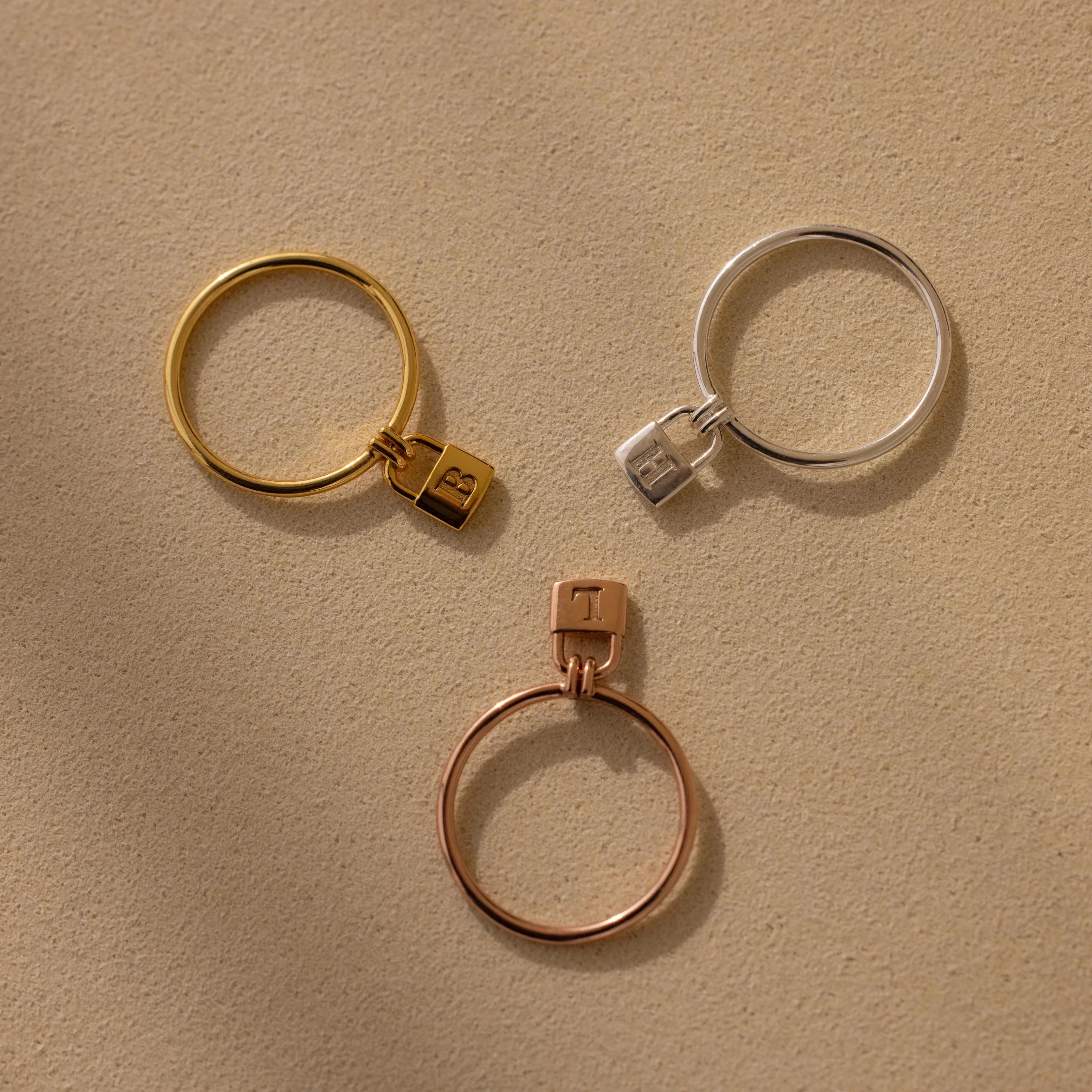 Initial Padlock Drop Ring Silver 18K Gold Plated