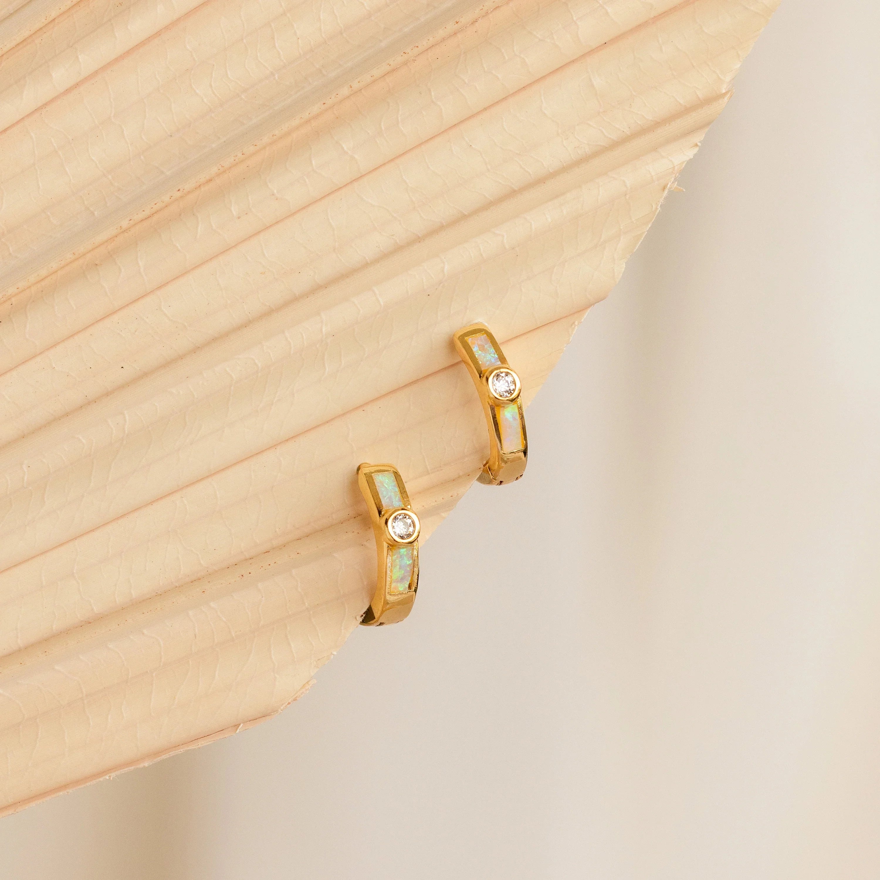 Opal Inlay Diamond Huggies Silver 18K Gold Plated