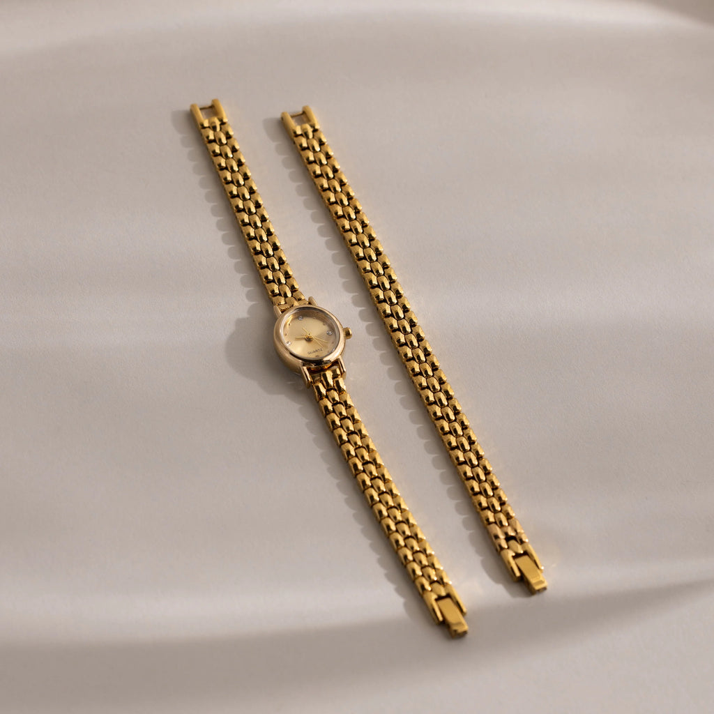Oval  Face Timepiece Set Silver 18K Gold Plated